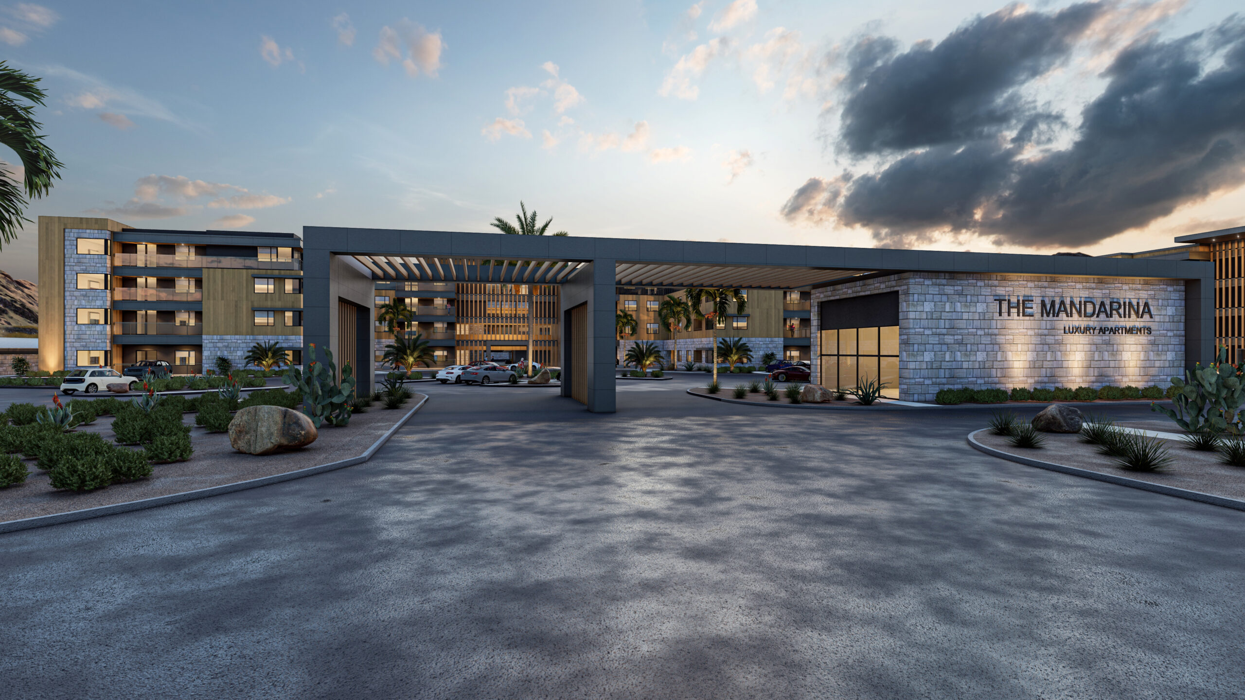 Exterior perspective rendering of the Mandarina luxury apartments entrance gate.