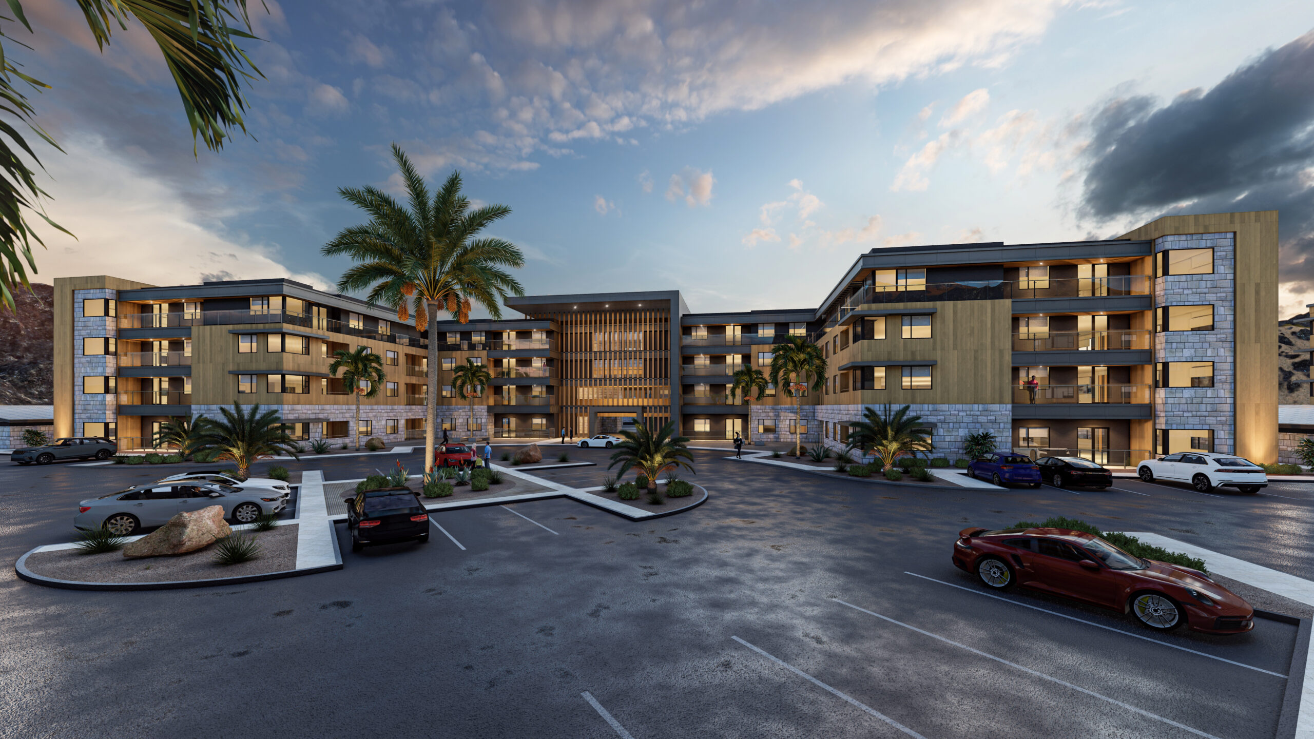 Panoramic view rendering of the Mandarina luxury apartments.