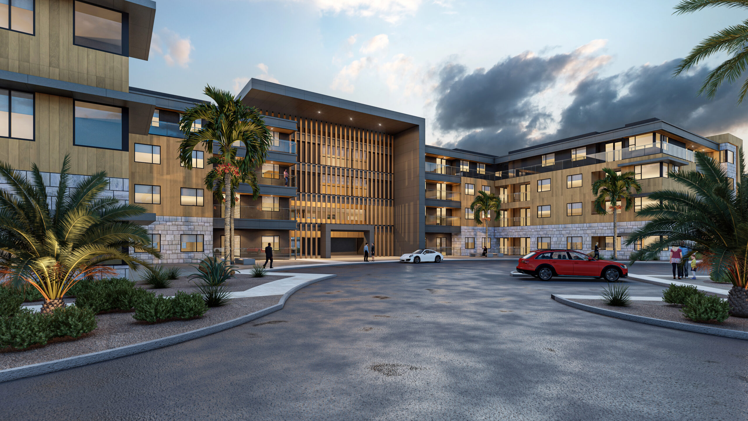 Exterior perspective rendering of the Mandarina luxury apartments main entrance.