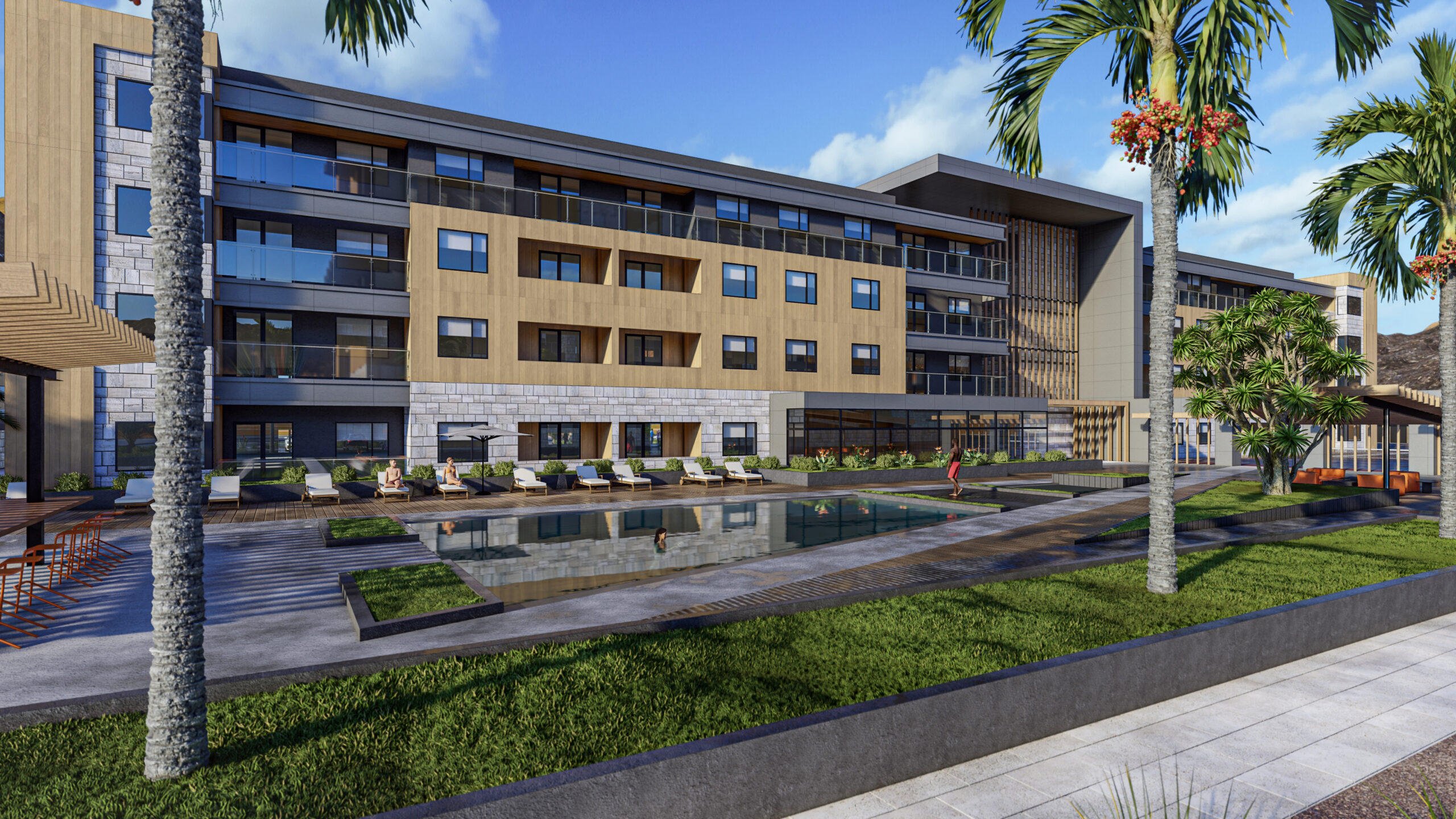 Rendering of outdoor pool at Mandarina luxury apartments.