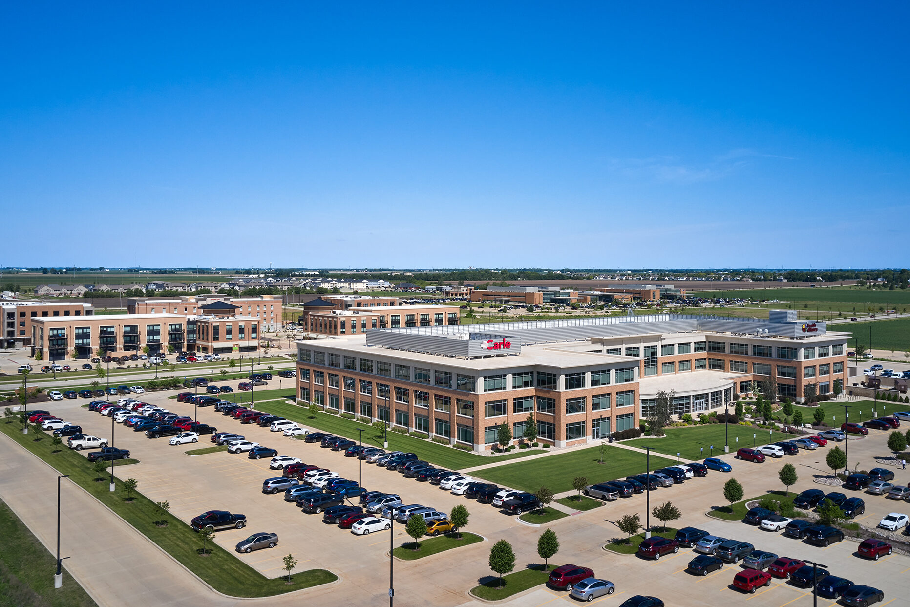 Aerial view of Carle at the Fields Administrative Center.