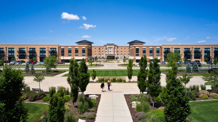 Panoramic view of two symmetrical buildings of Fields South development phase 1.