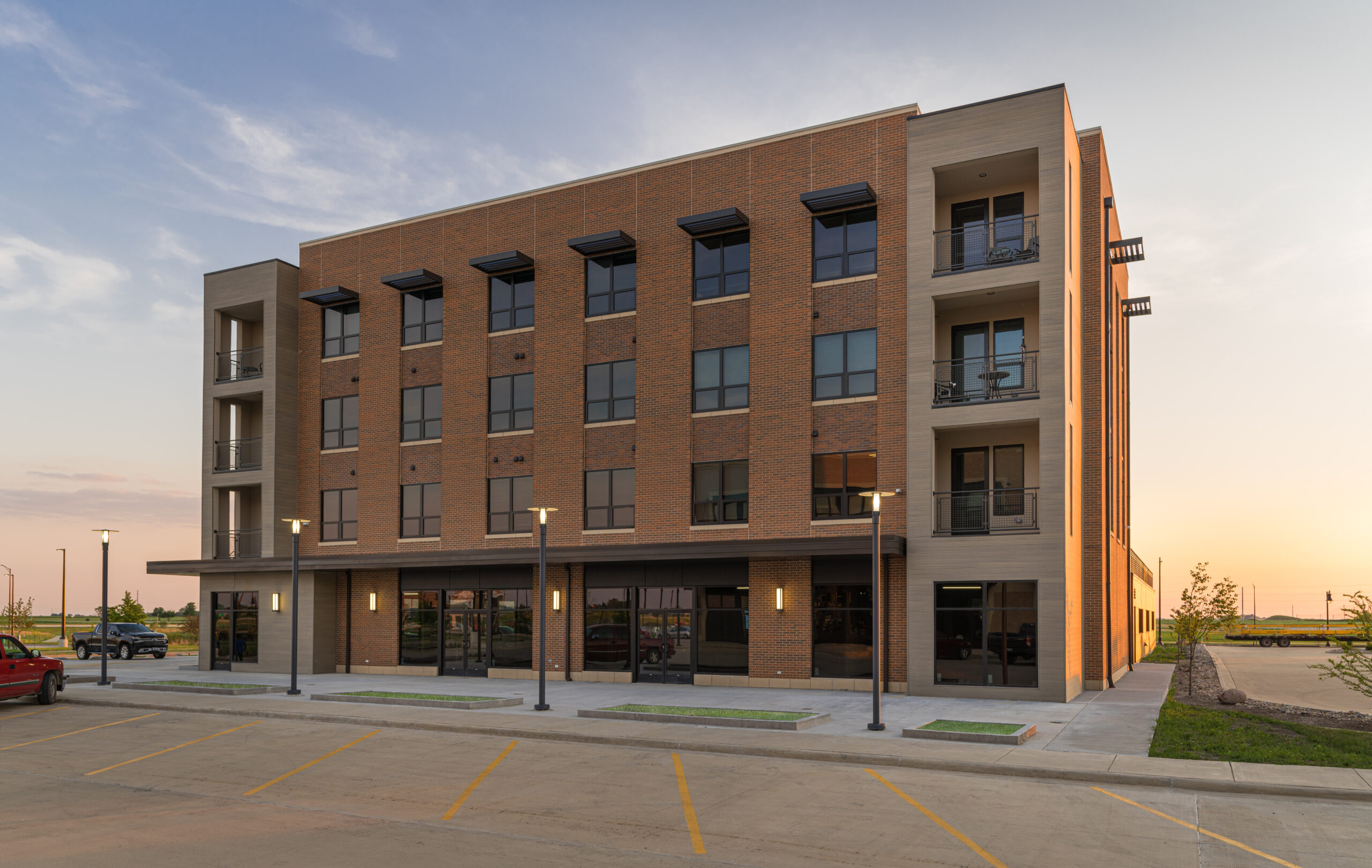 View of Fields South mixed-use development phase 2 at dusk.