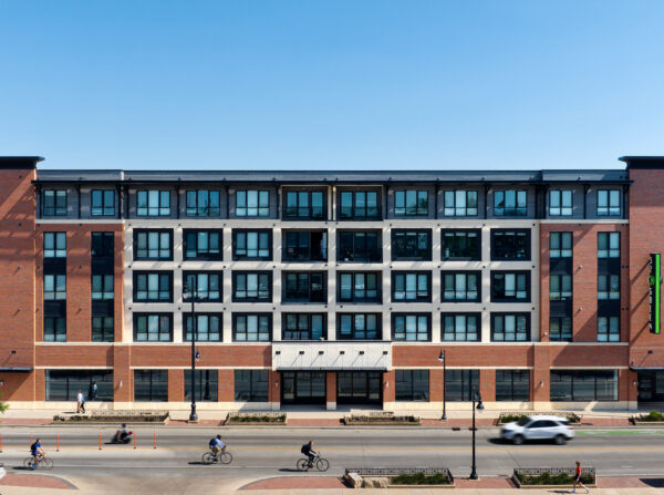 Front elevation view of 32 E Green Street multifamily building.