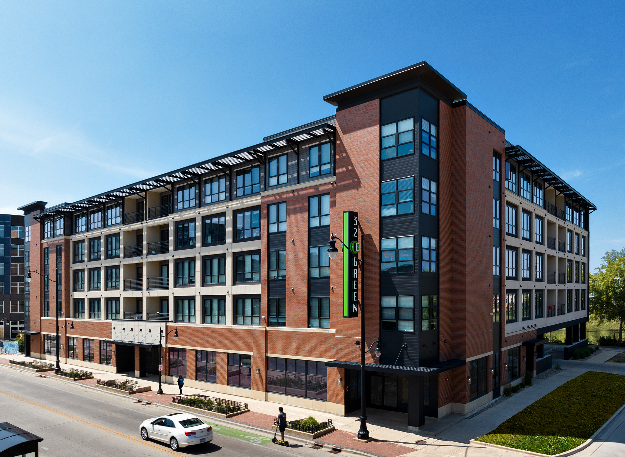 Corner perspective of 32 E Green Street multifamily building.