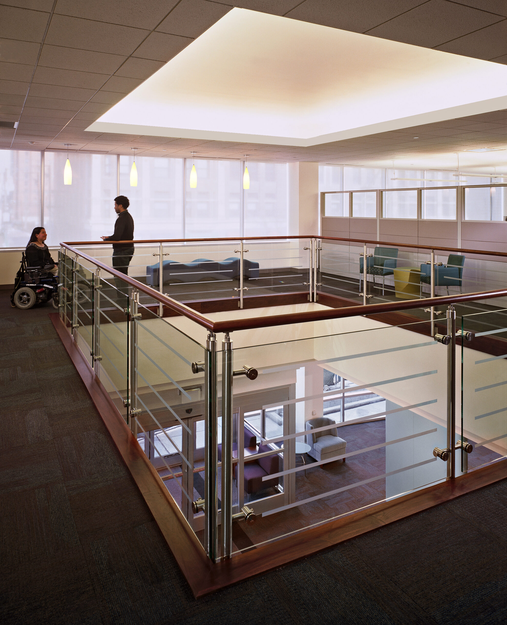 Second floor of the atrium looking at the railing feature in Access Living headquarters building.