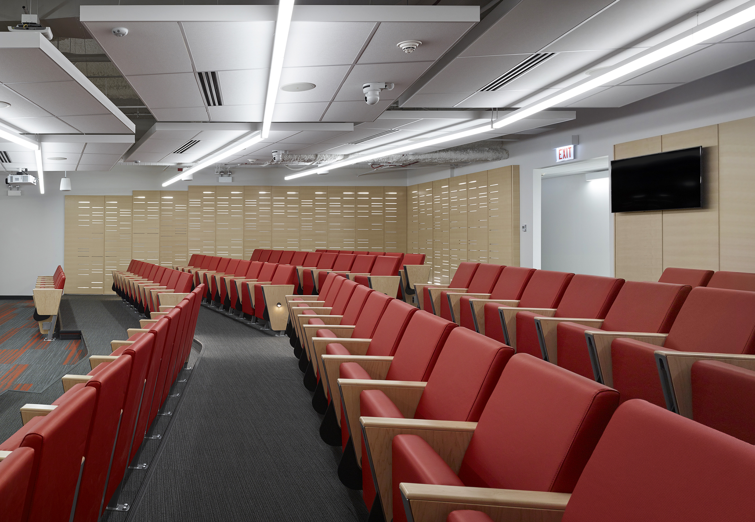 Lecture hall with fixed foldable seating and DNA inspired acoustic wall panels.