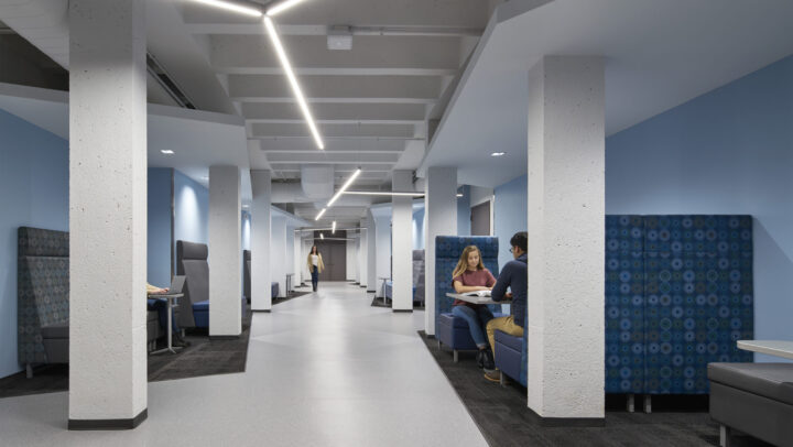 Informal learning spaces in the redesigned hallway at Burnham Hall third floor.