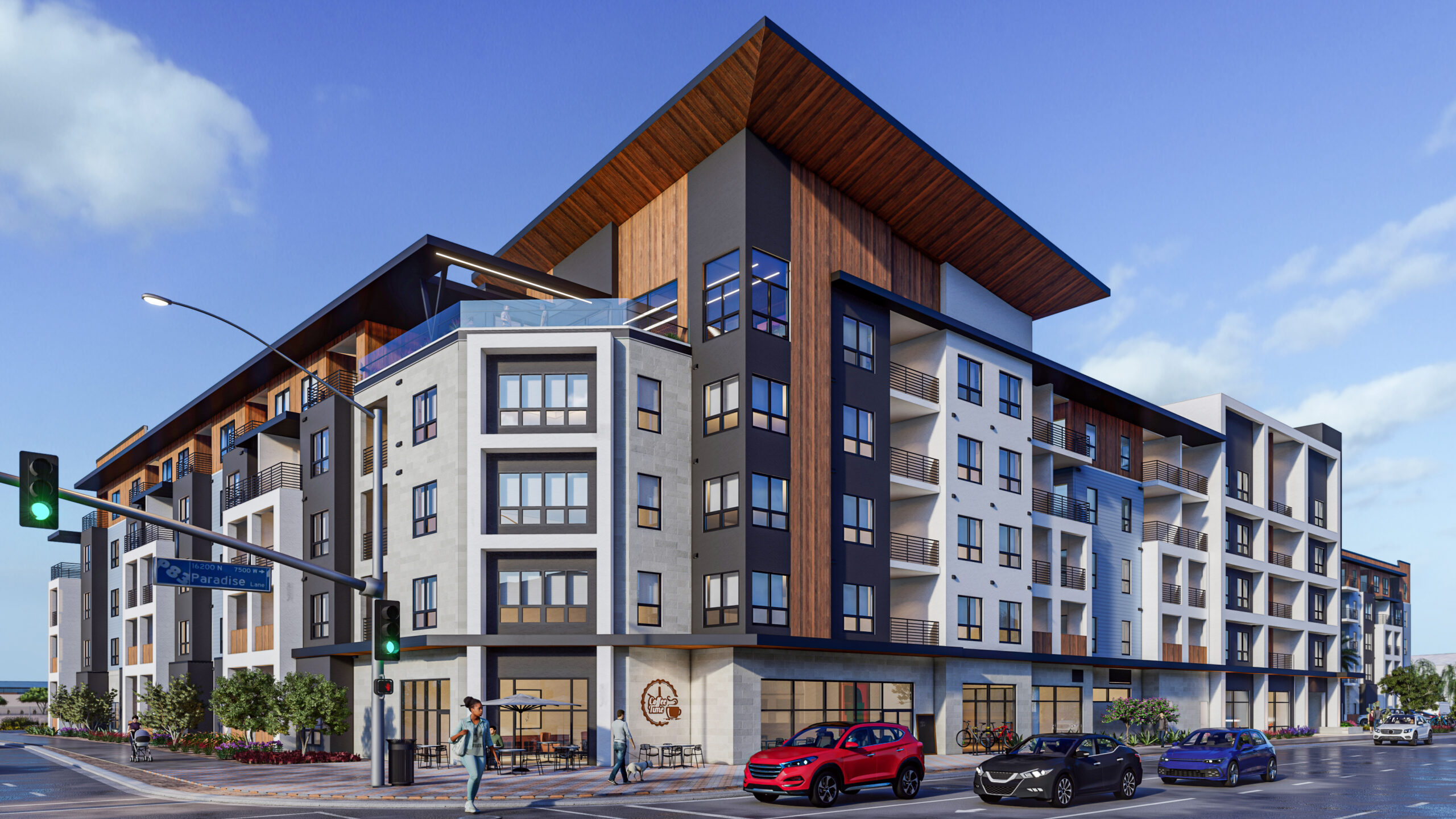 Corner perspective rendering of Revolve at P83 multifamily development.