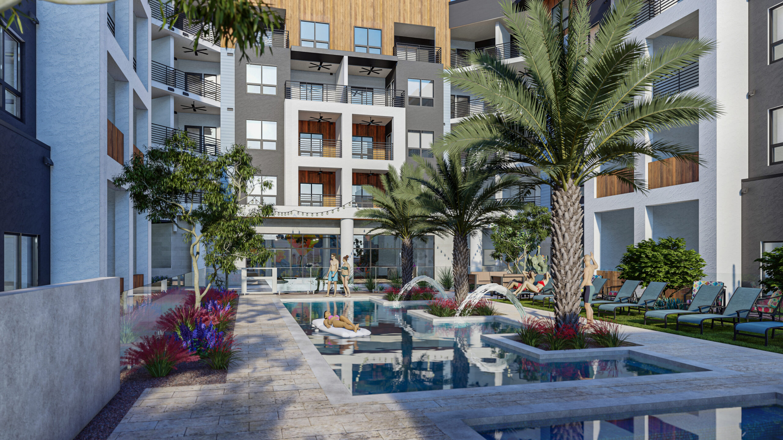 Rendering of outdoor pool in the courtyard of Revolve at P83 multifamily development.