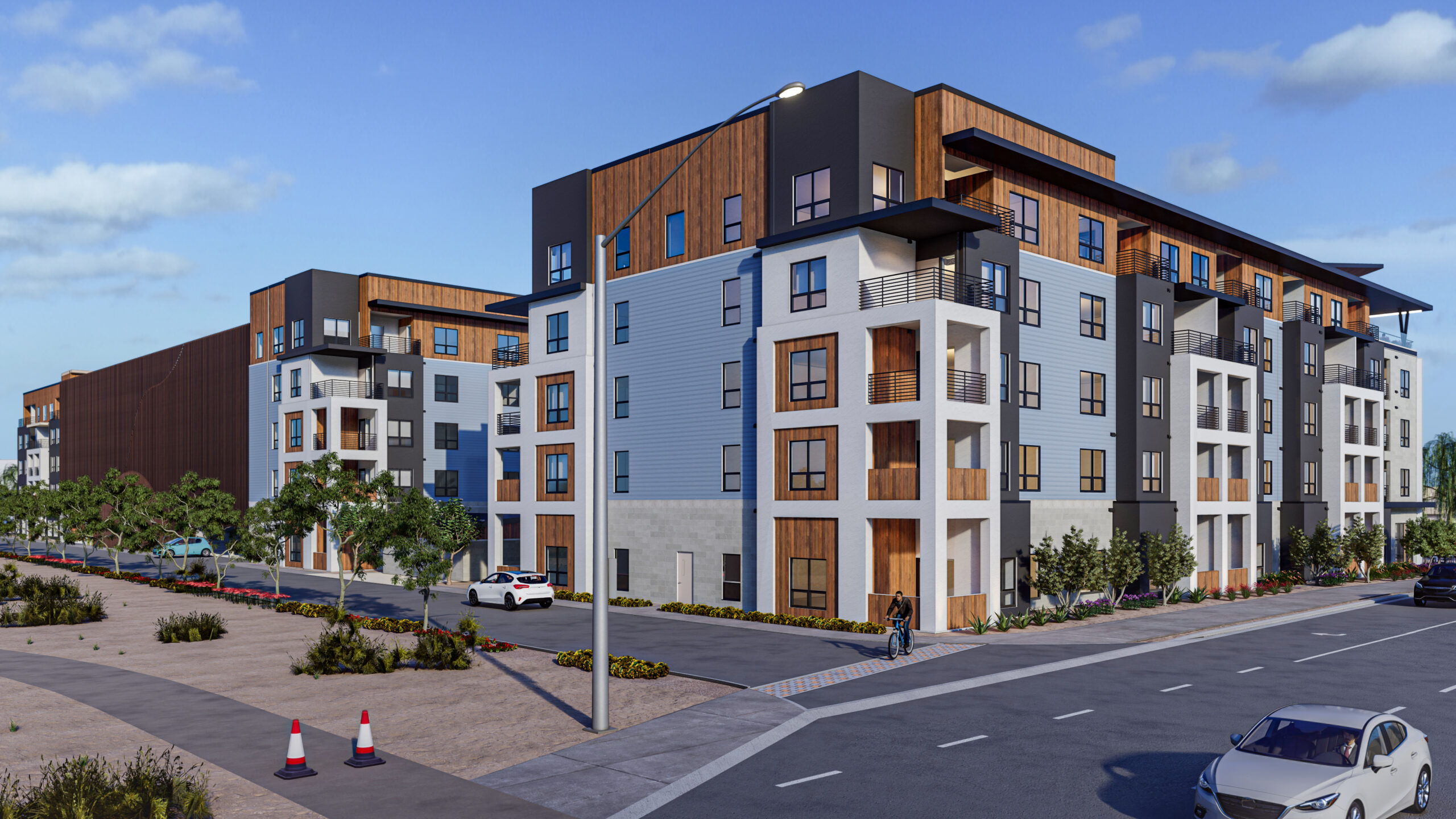 Rear view rendering of Revolve at P83 multifamily development.