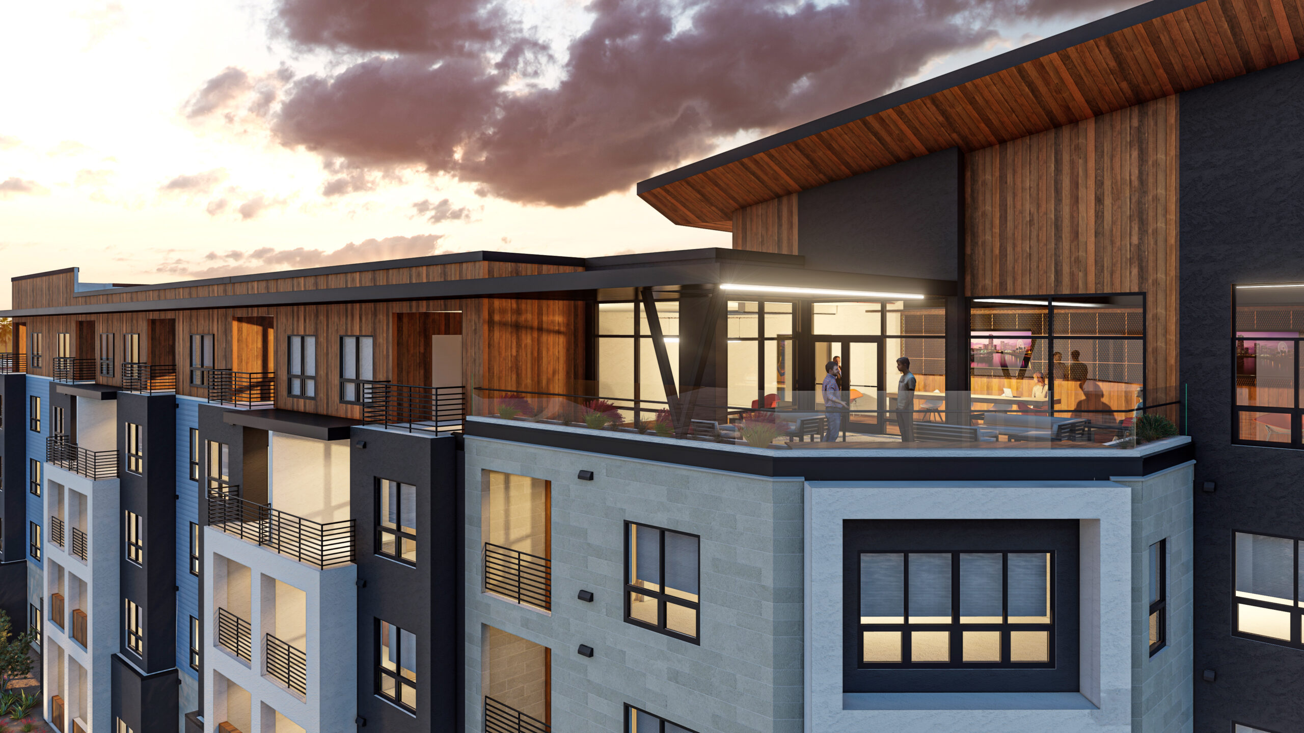 Rendering of sky deck and lounge at the P83 multifamily development.