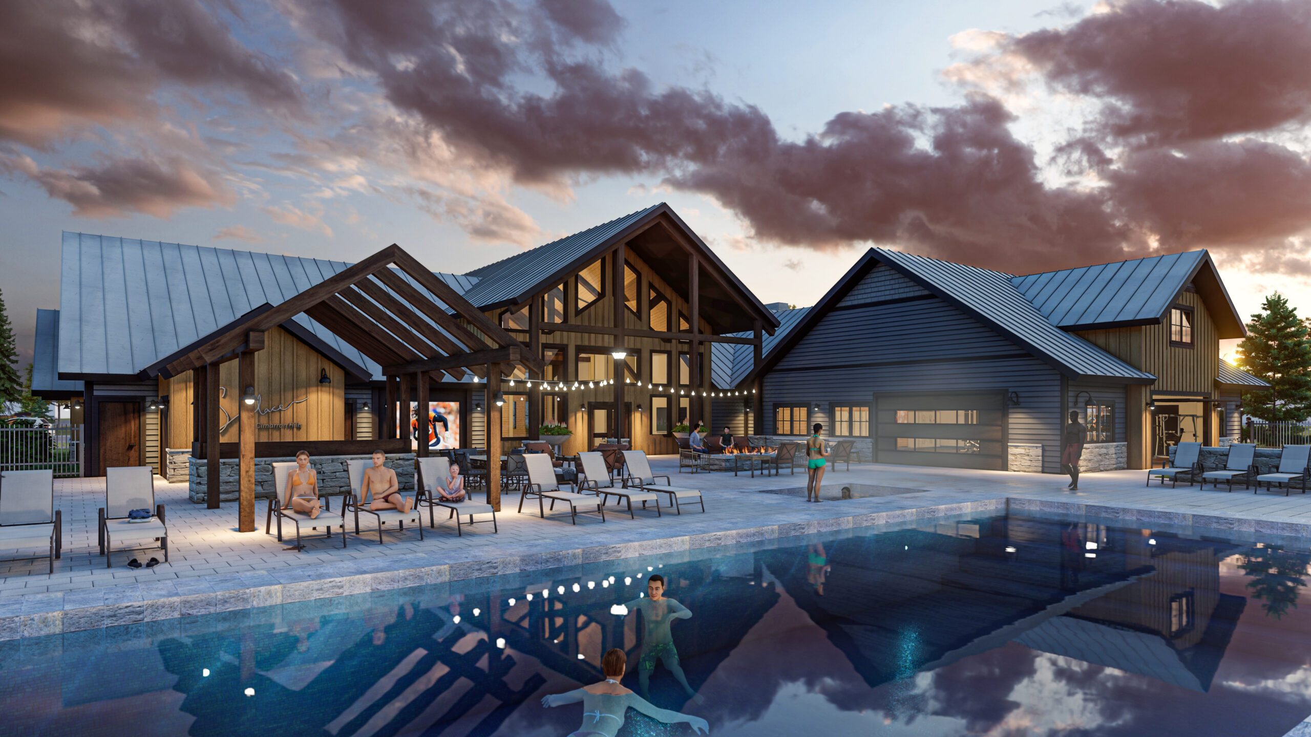 Rendering of outdoor pool at Solace at Cimarron Hills multifamily development at dusk.