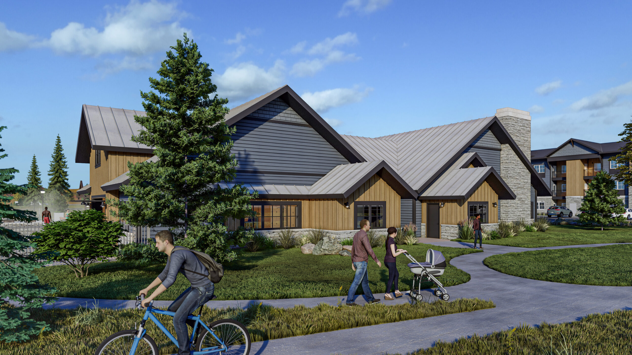 Clubhouse side view rendering at Solace at Cimarron Hills multifamily development.