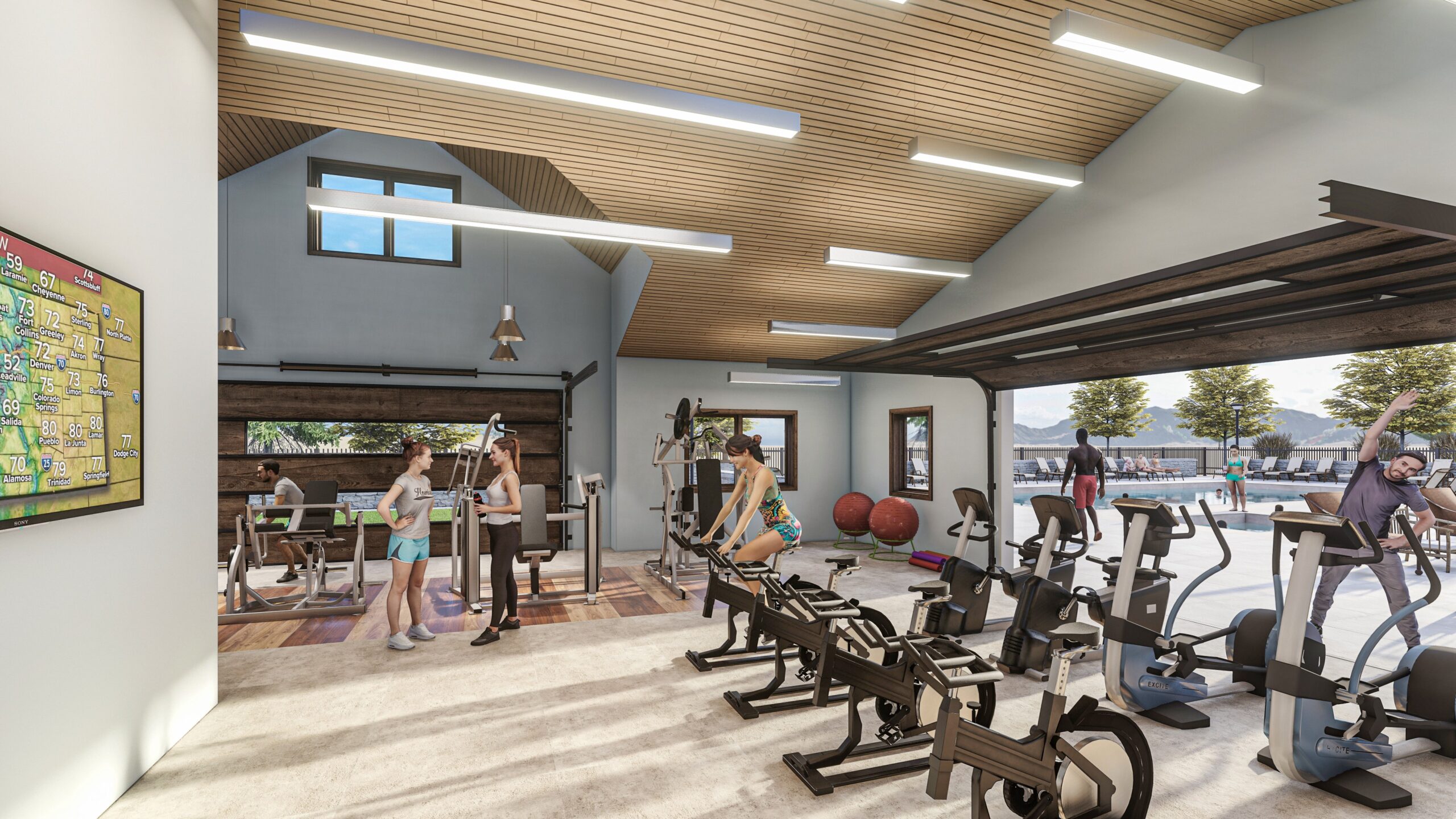 Rendering of fitness center overlooking outdoor pool.