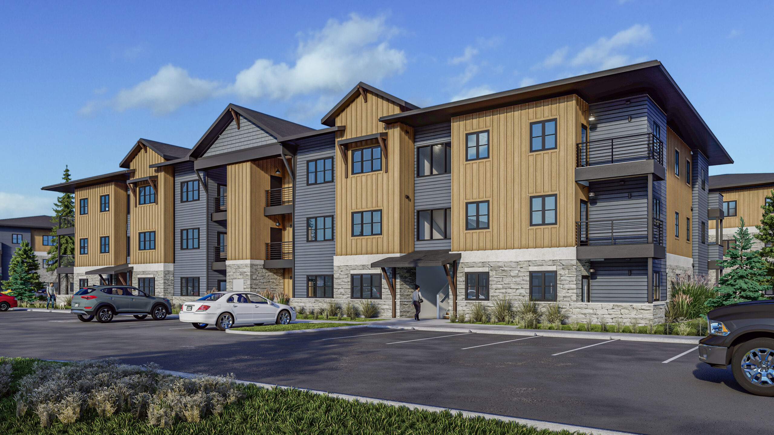 Rendering view of an apartment building in the Solace at Cimarron Hills multifamily development.