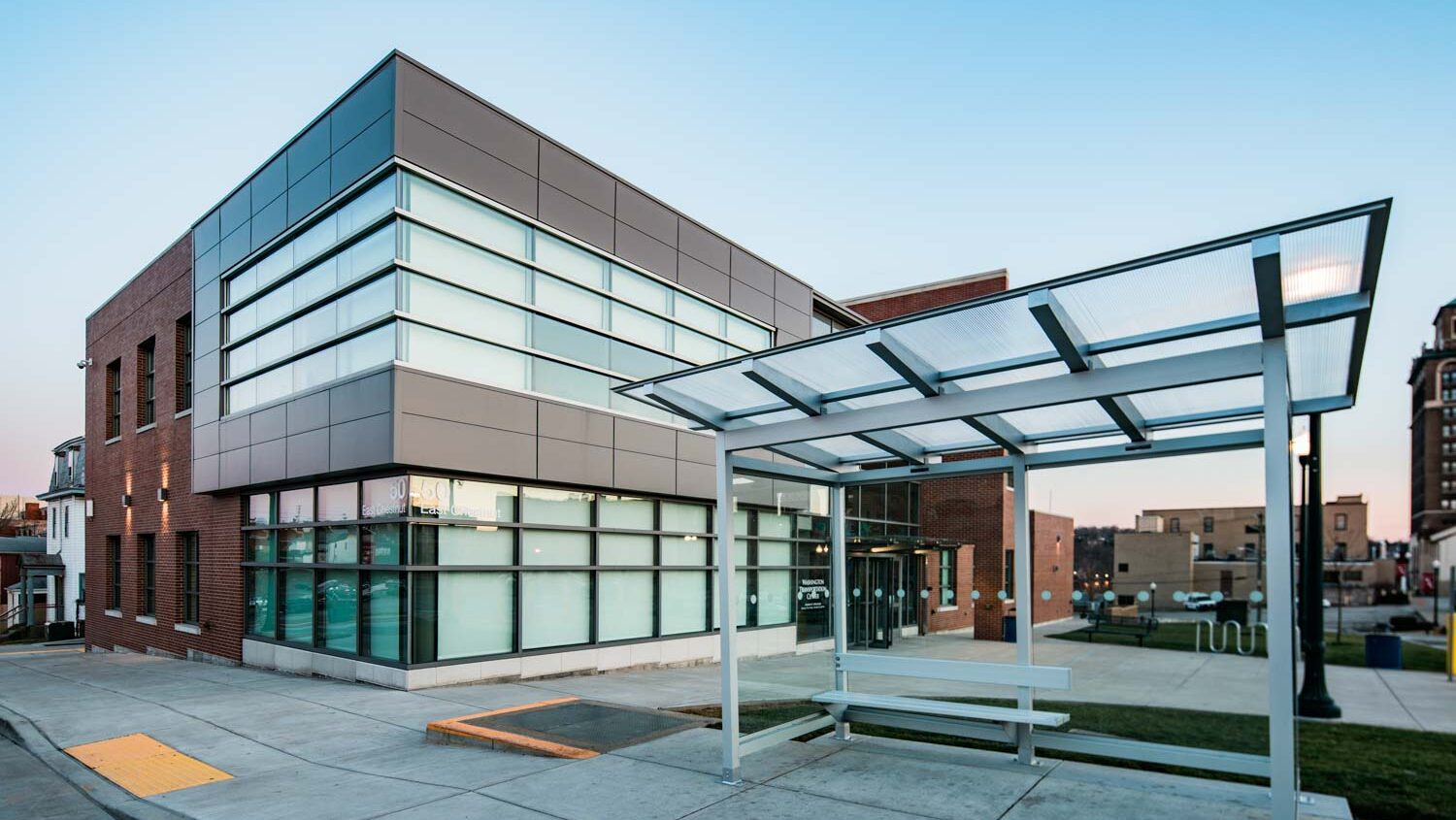 New Freedom Transit headquarters building and adjacent bus stop.