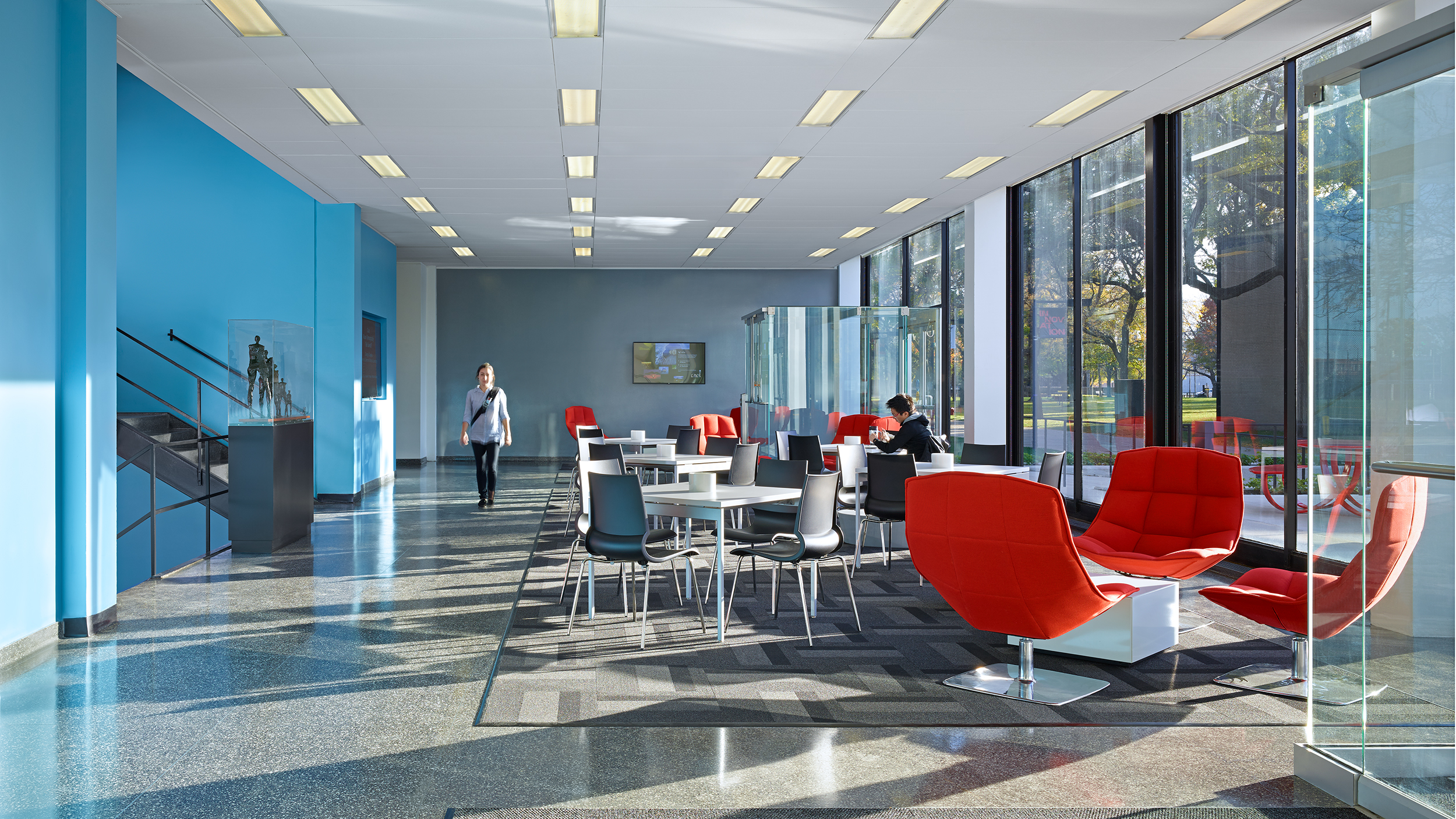 Renovated lobby of Pritzker Science Center with informal seating and plenty of natural light.