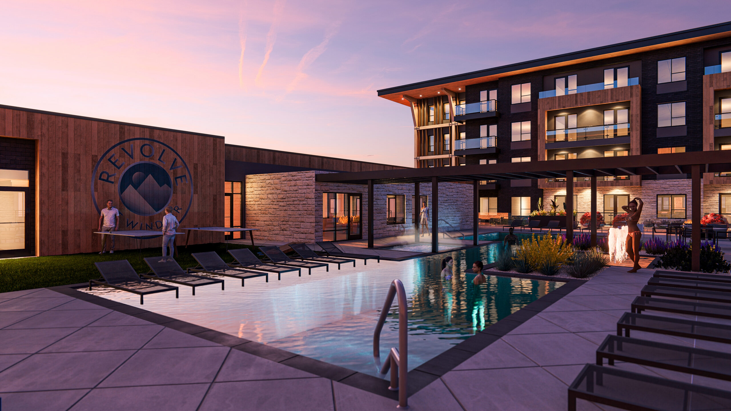 Rendering of outdoor pool at Revolve at Denali multifamily development at dusk.