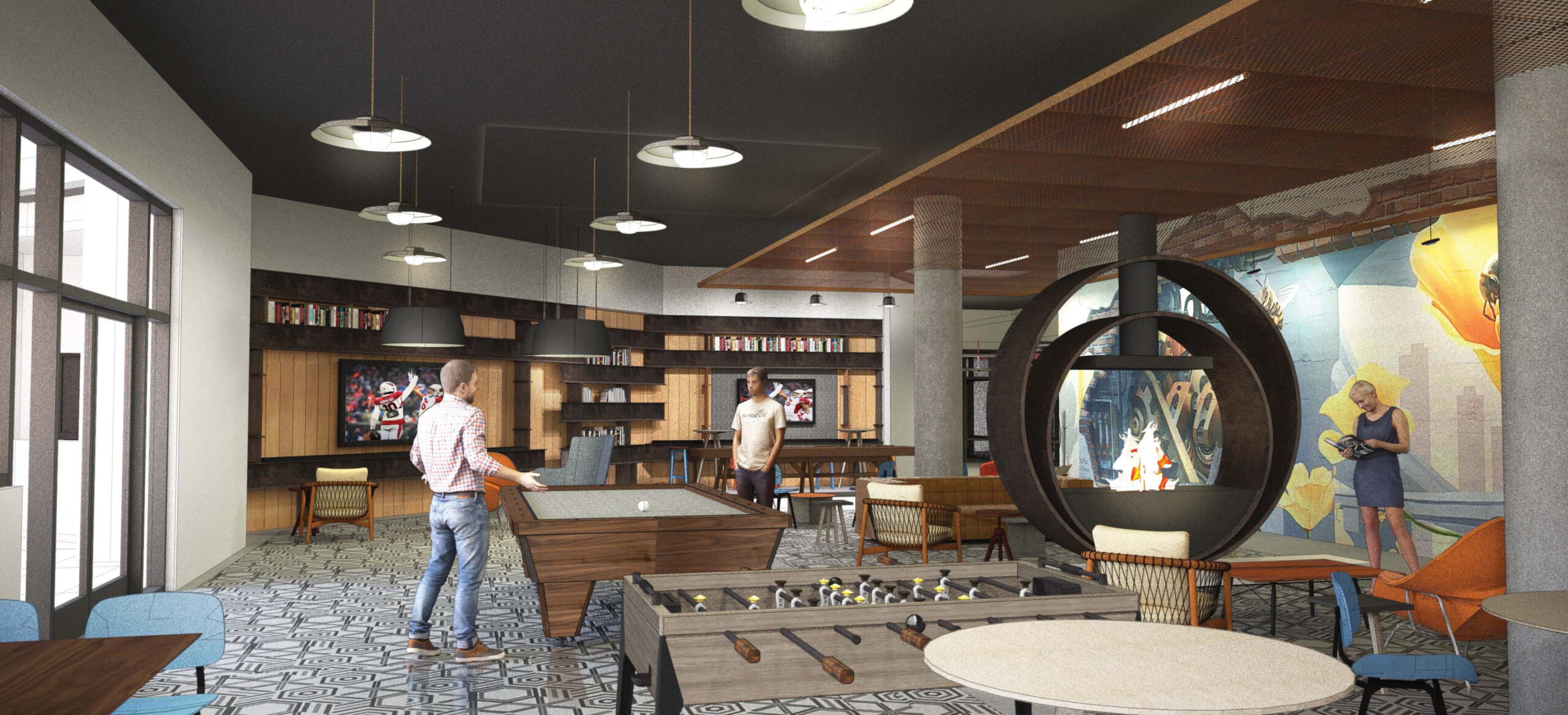 Interior rendering of contemporary clubroom interiors.