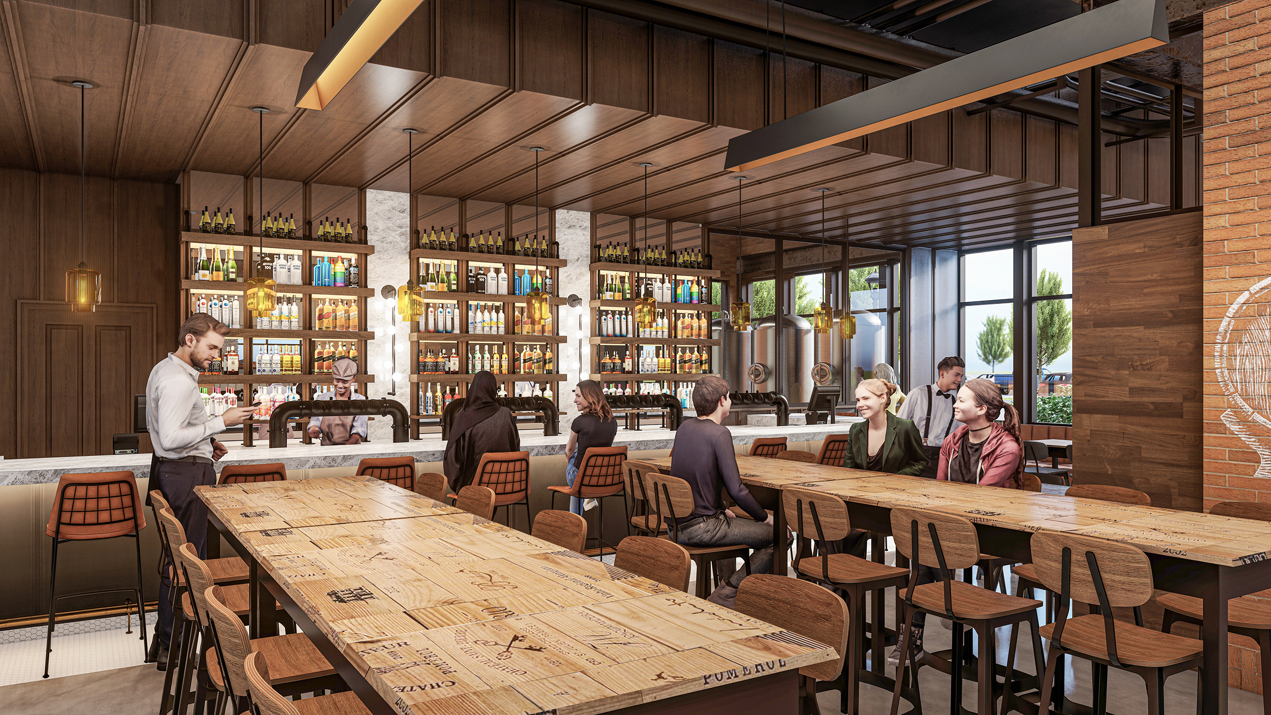 Brewery interior perspective rendering with long high-top tables and bar.