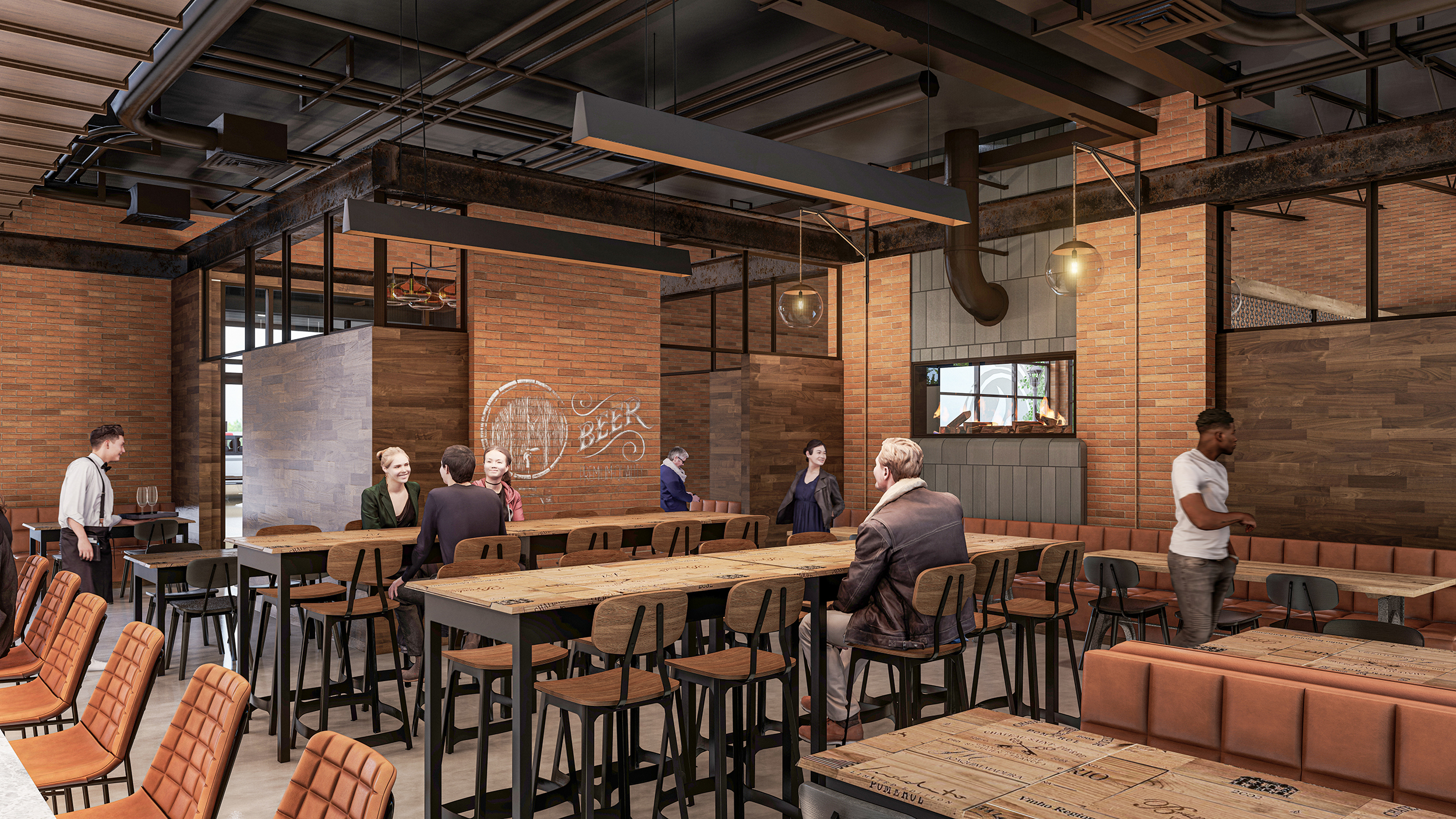 Restaurant interior rendering with rustic finishes and exposed HVAC.