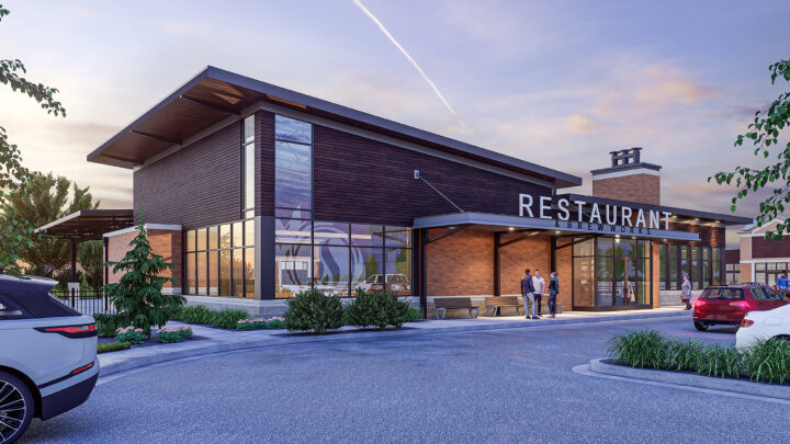 Restaurant and Brewery exterior perspective rendering with brand signage.