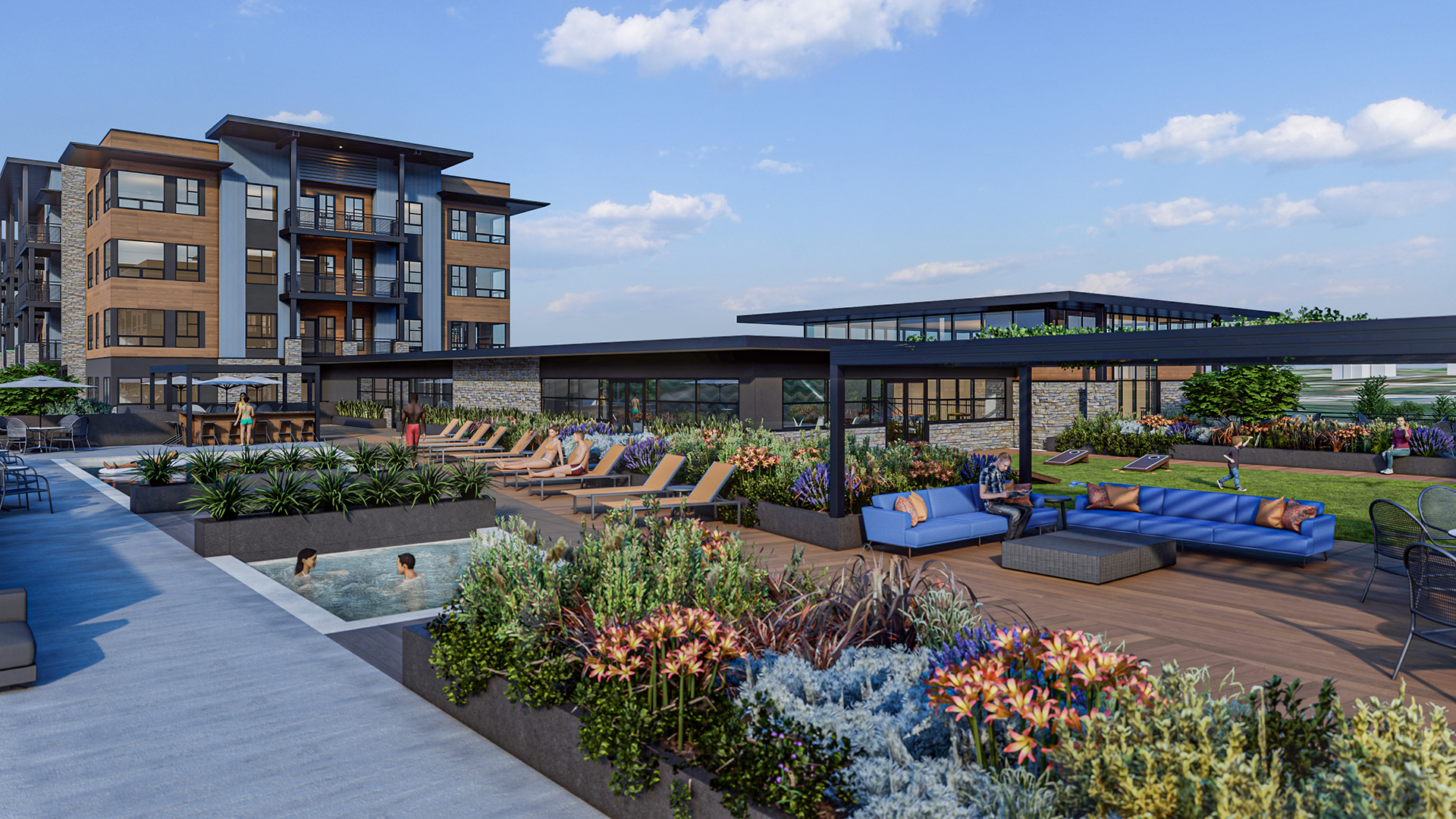 Rendering of outdoor pool and hot tub at Revolve at ThornCreek multifamily development at twilight.