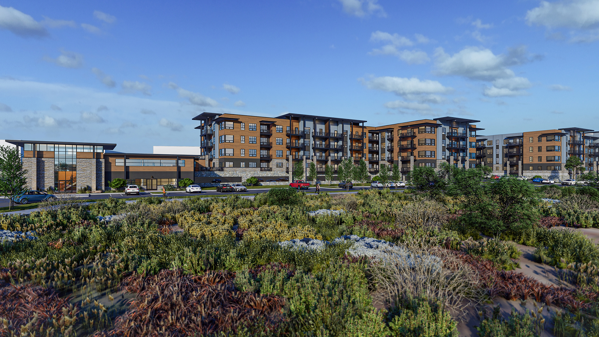 Panoramic view of development during the day.