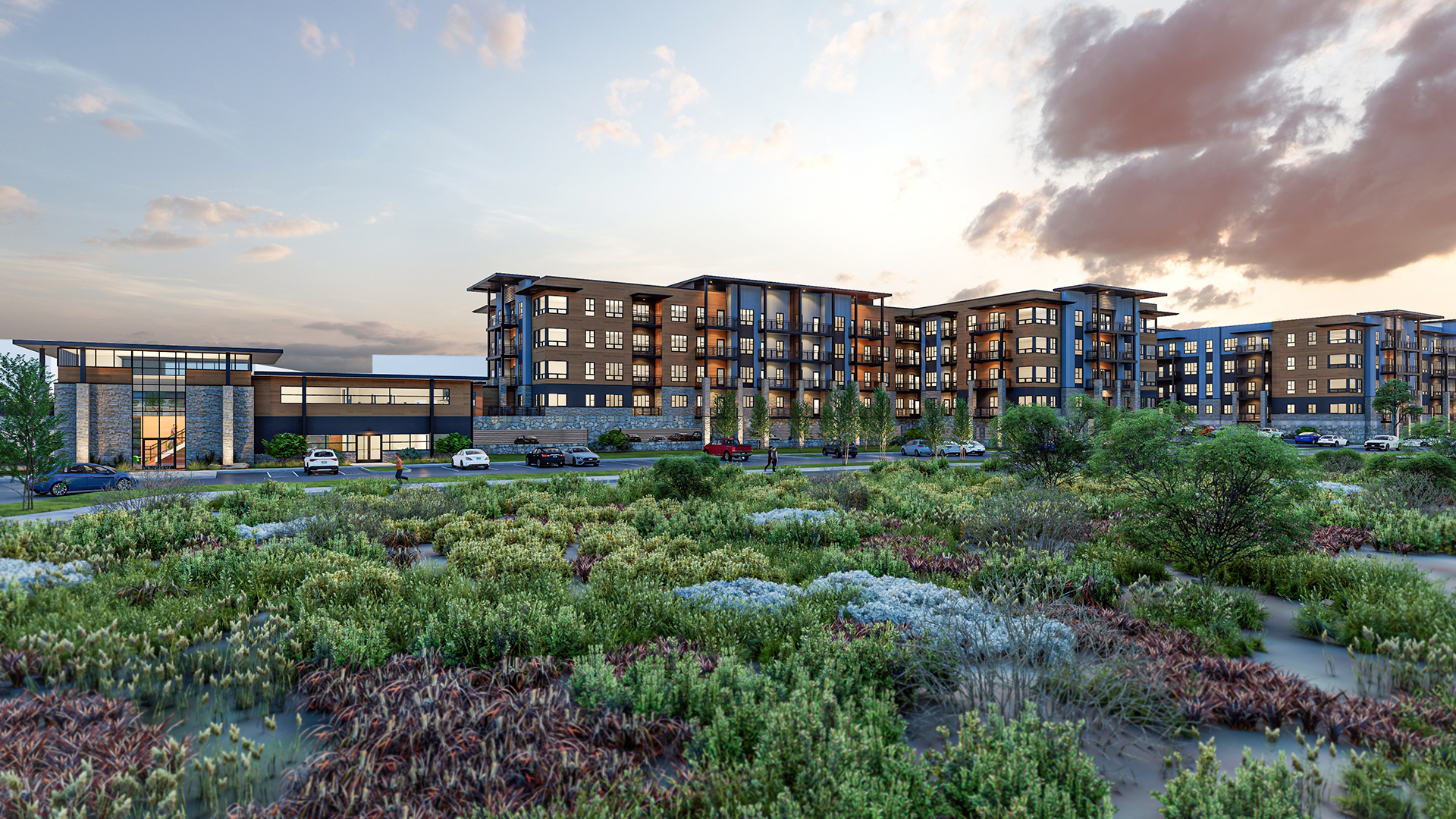 Panoramic view of development at dusk.