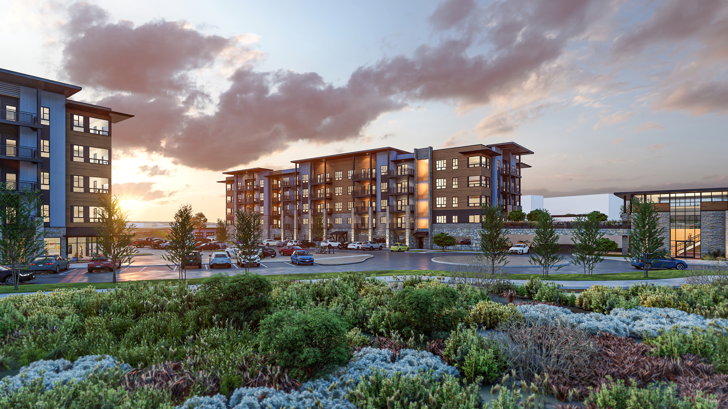 Panoramic view of development at twilight.