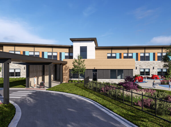 Entrance perspective rendering of two-story Rock Center and School with a canopy.