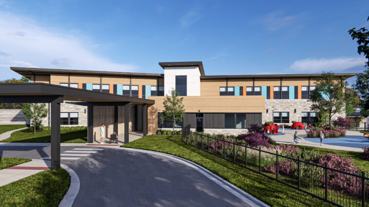 Entrance perspective rendering of two-story Rock Center and School with a canopy.