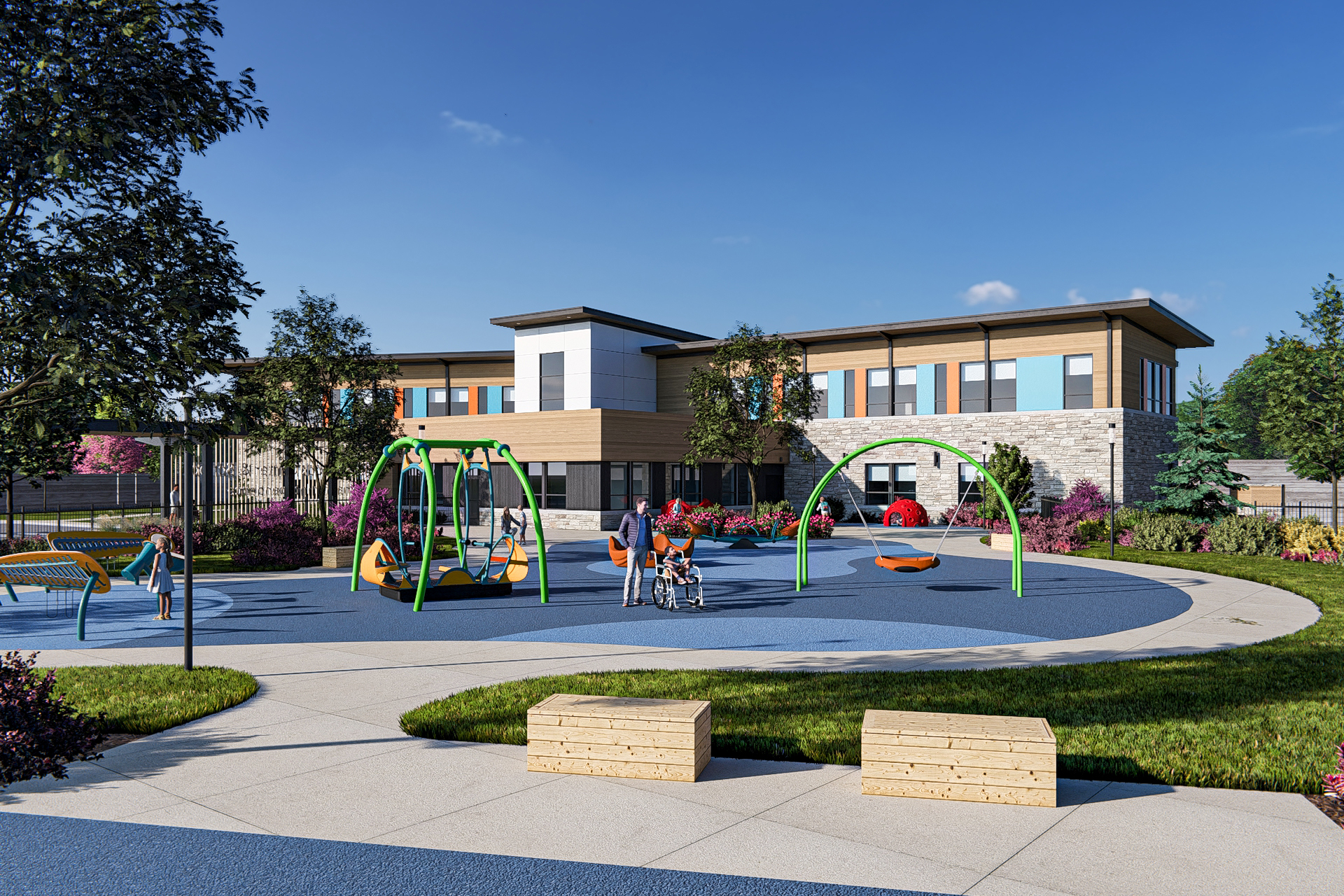 Rendering of inclusively designed children's playground at the Rock Center and School.