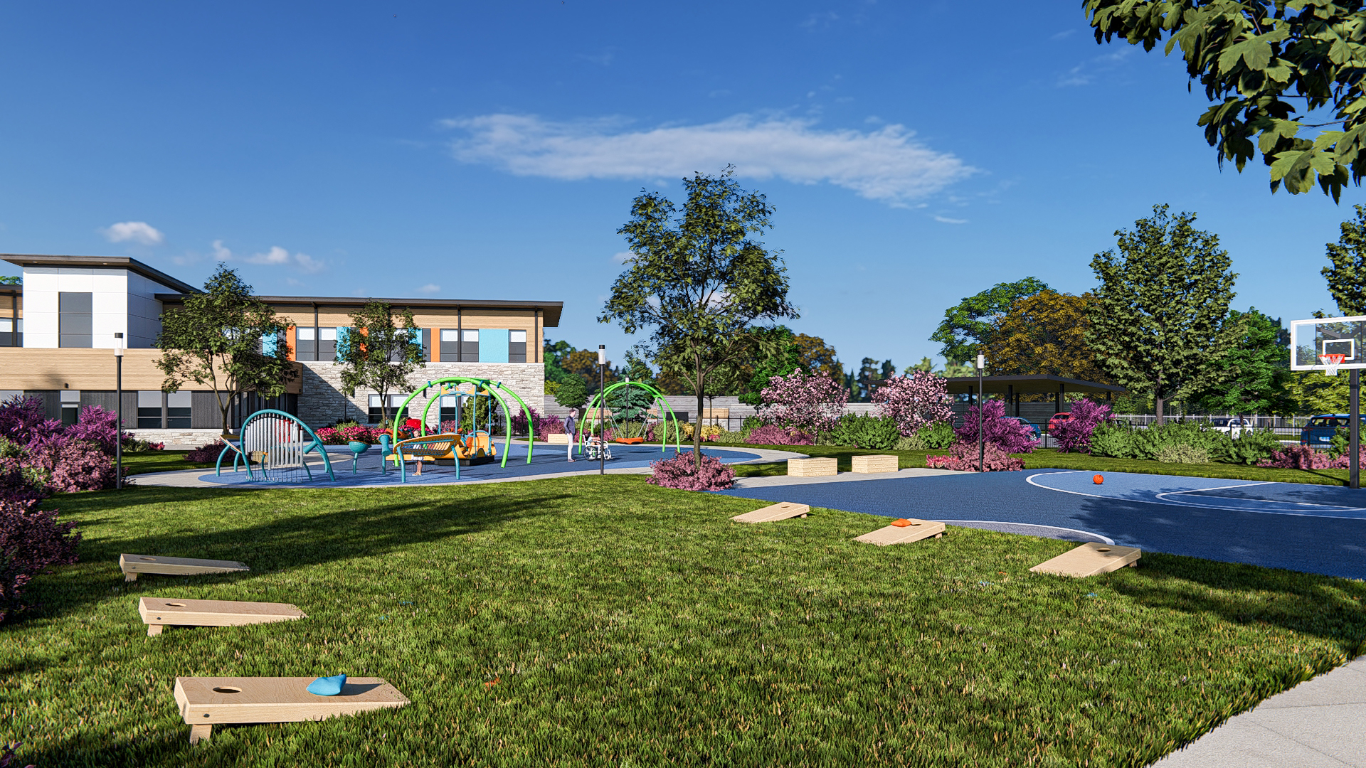 Rendering of children's playground at the Rock Center and School.