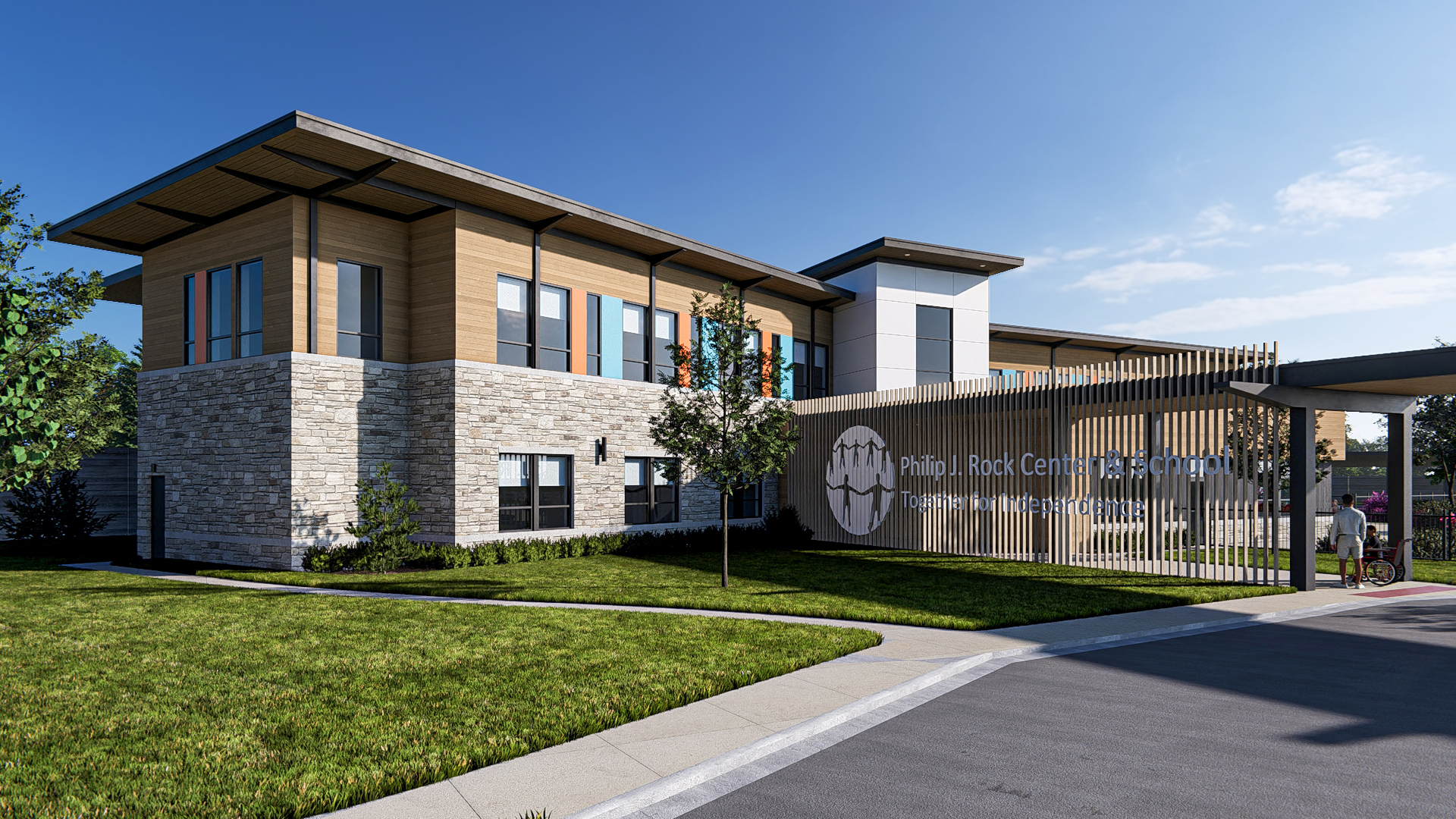 Entrance perspective rendering of two-story Rock Center and School with the main signage.