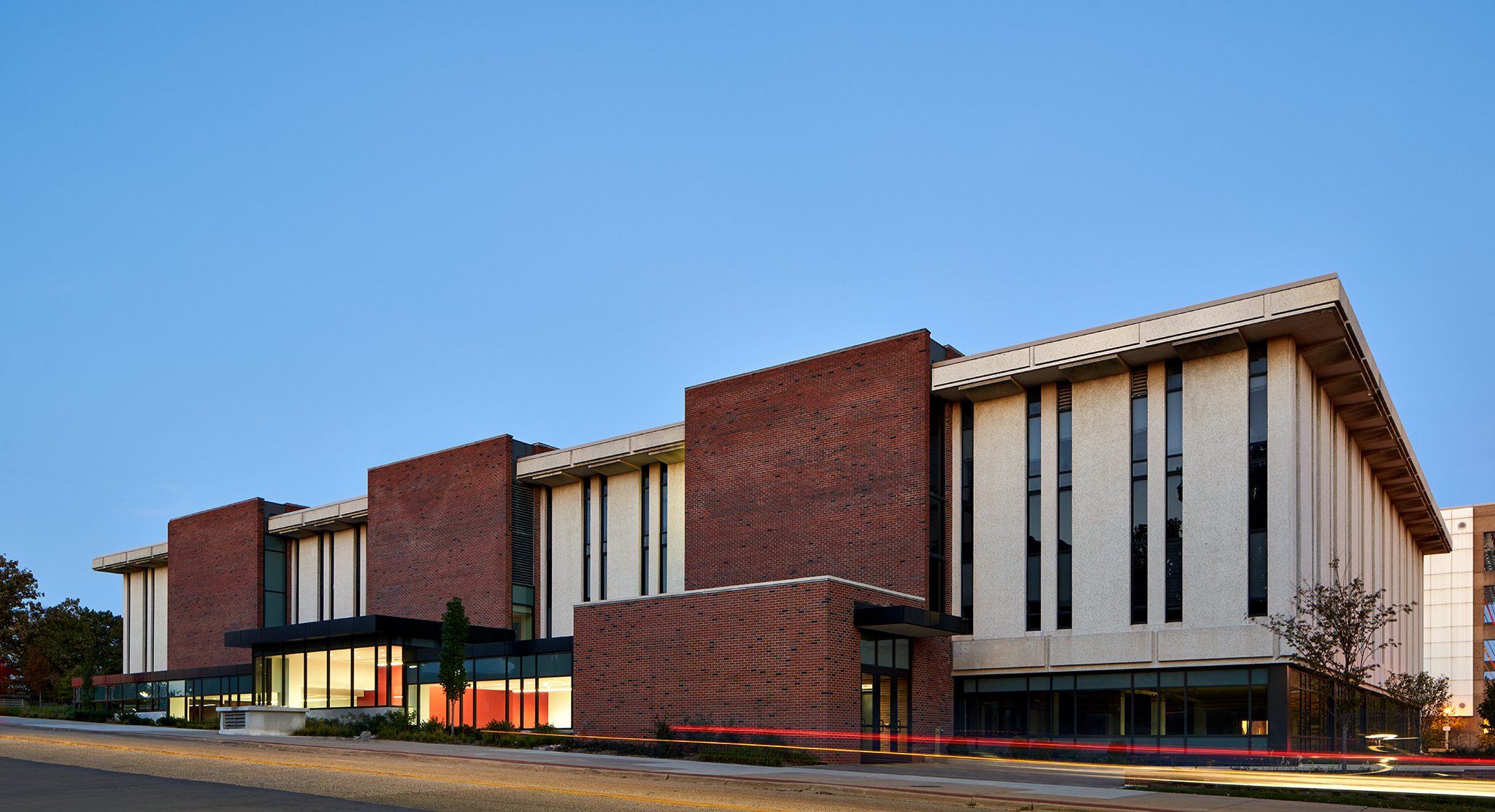 Street view of renovated facade of Julian Hall.