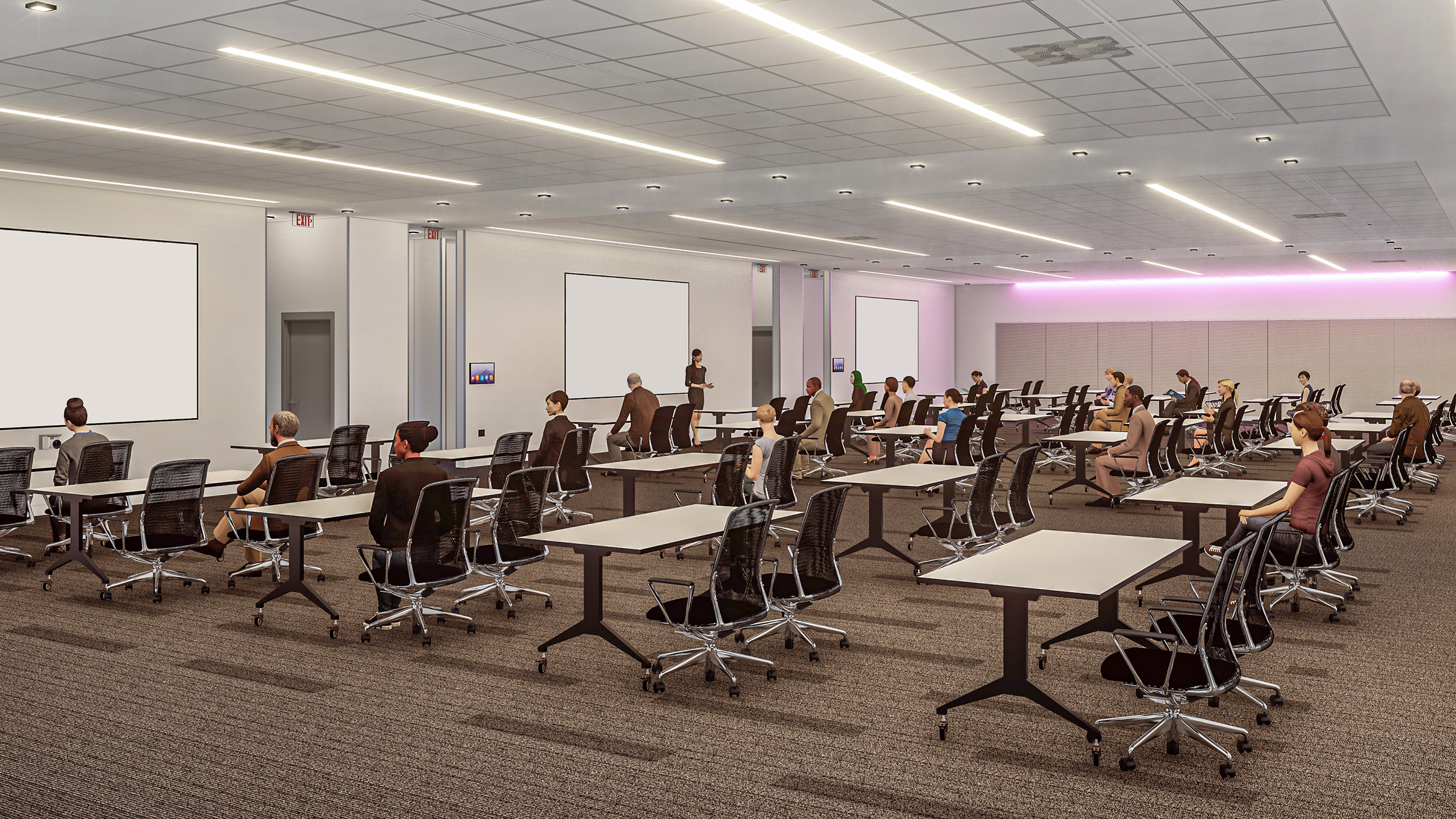 Conference room rendering with modular furniture and branded color scheme.