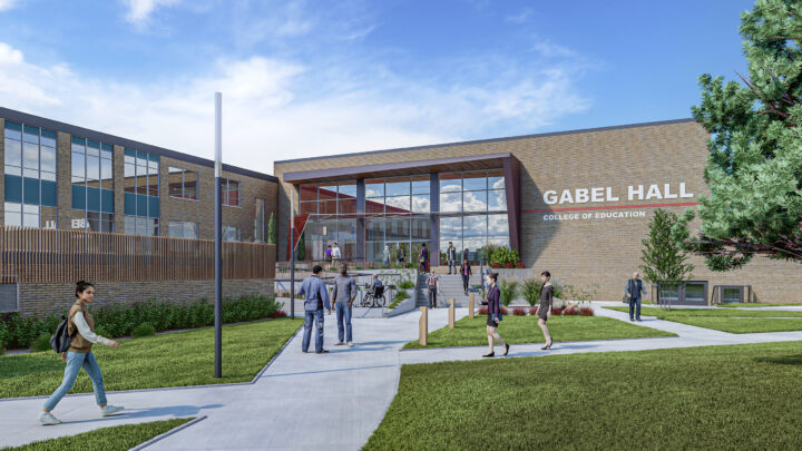 Rendering of exterior plaza and restored exterior facade of Gabel Hall.