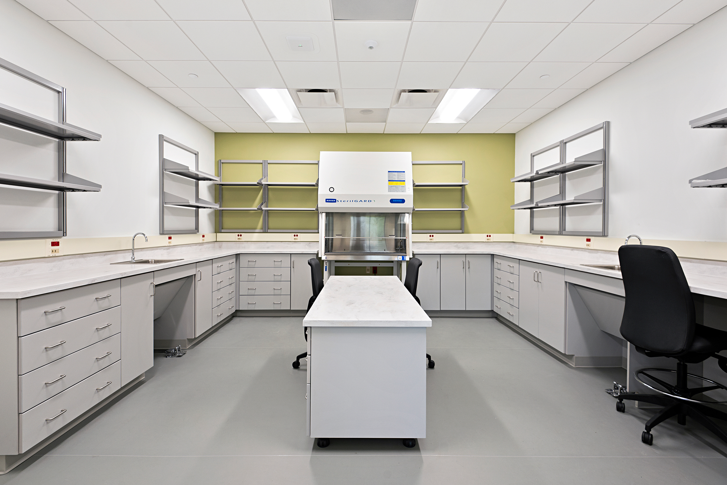 Clinical laboratory rendering with cabinetry and sinks at McHenry Hospital.