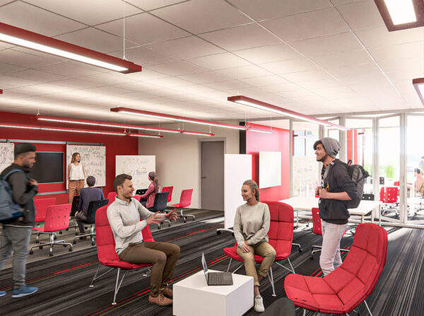 Rendering of peer-to-peer learning classroom at Gabel Hall.