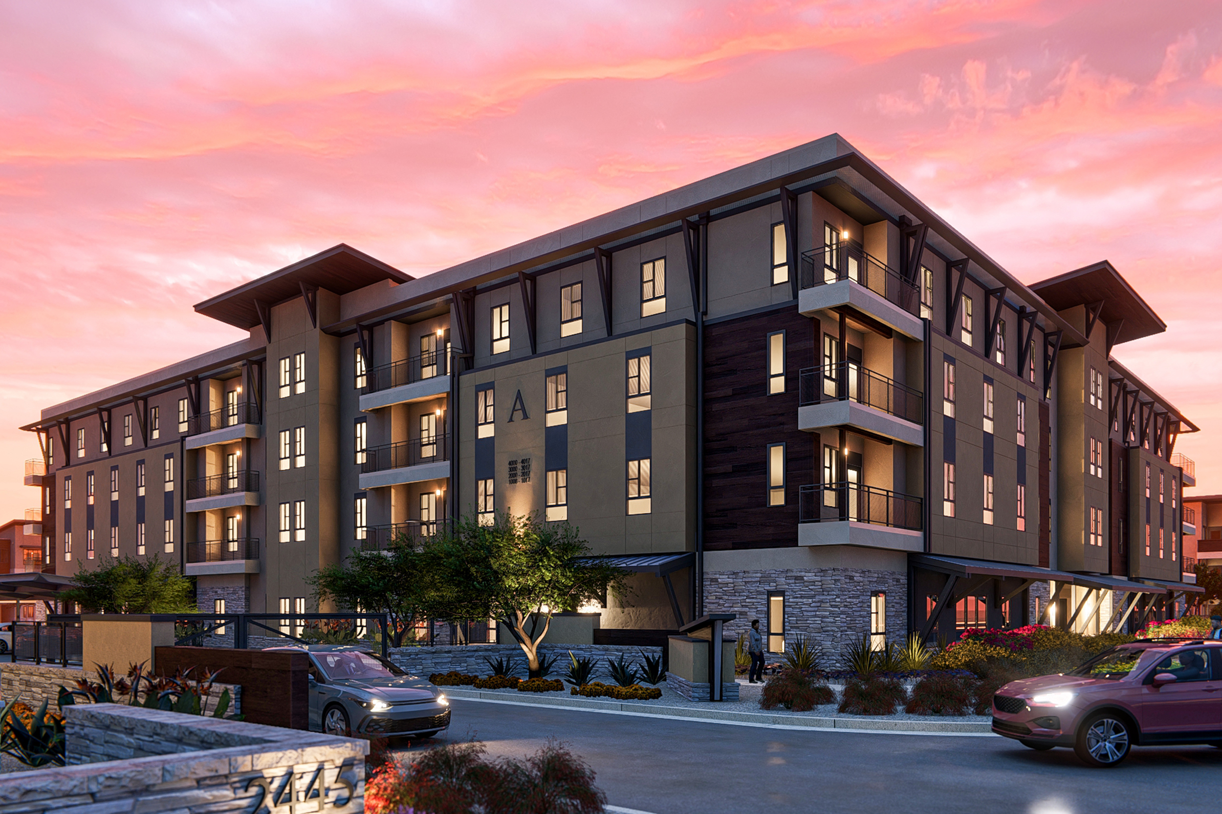 Street view rendering of Solace at Ballpark Village multifamily development at dusk.