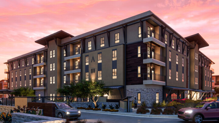 Street view of Solace at Ballpark multifamily development.