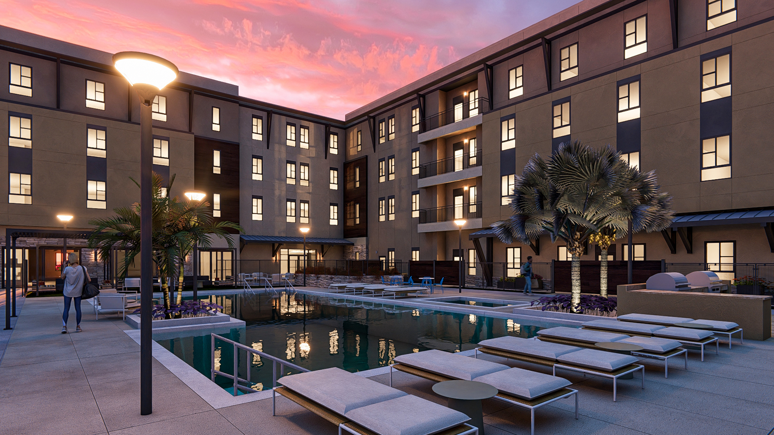 Outdoor pool rendering Solace at Ballpark Village multifamily development at dusk.