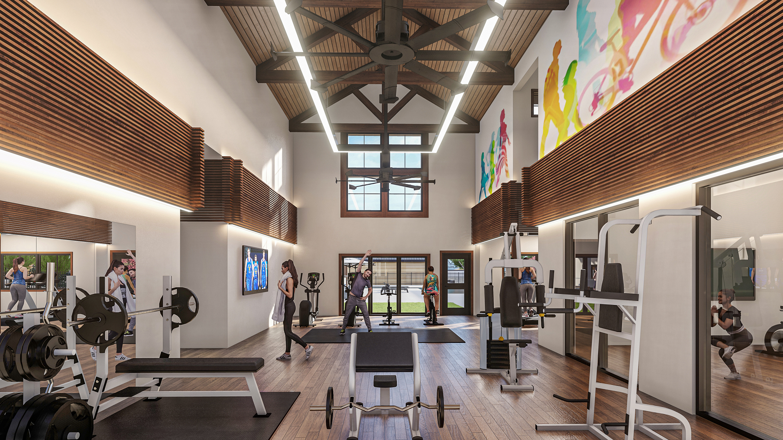 Rendering of indoor fitness center at Solace at the Ranch multifamily development.