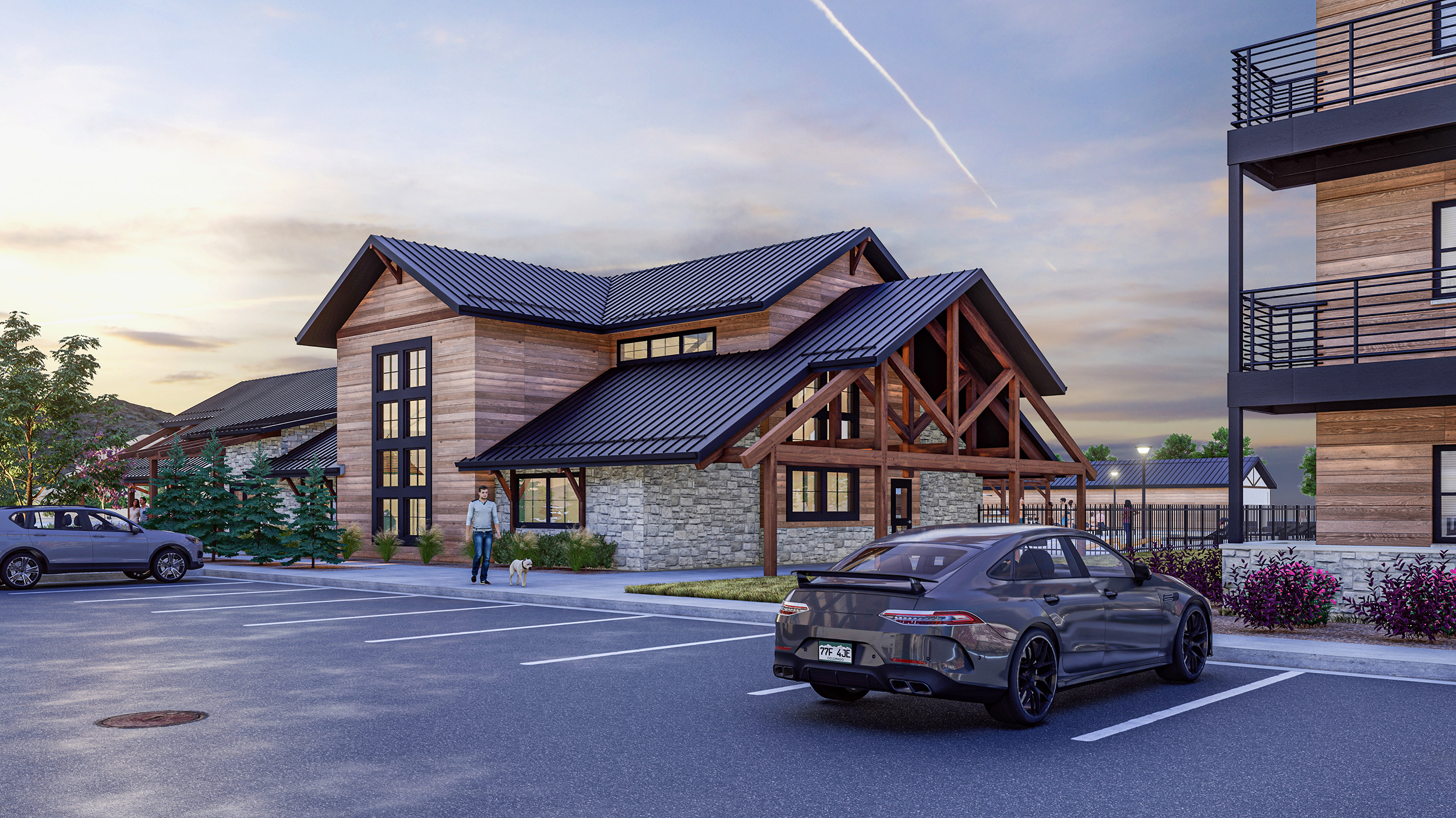 Perspective rendering of clubhouse at Solace at the Ranch multifamily development, east view.