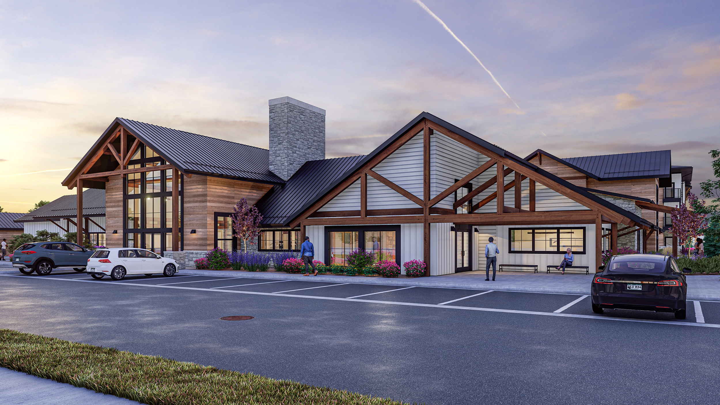 Perspective rendering of clubhouse main entrance in Solace at the Ranch multifamily development.