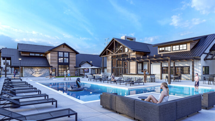 Rendering of outdoor pool with clubhouse in the backdrop.