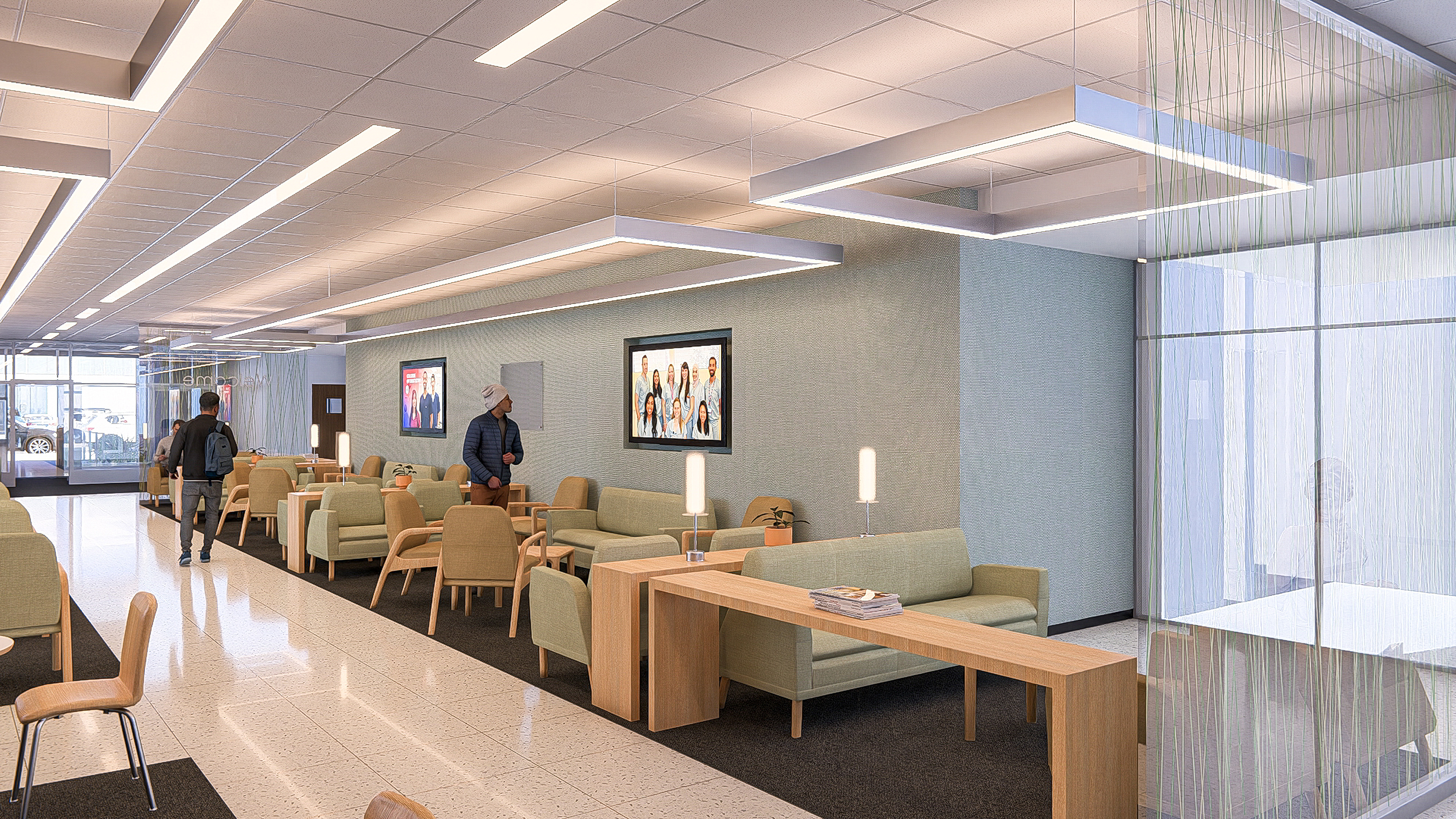 Welcome center perspective with seating and wall monitors.