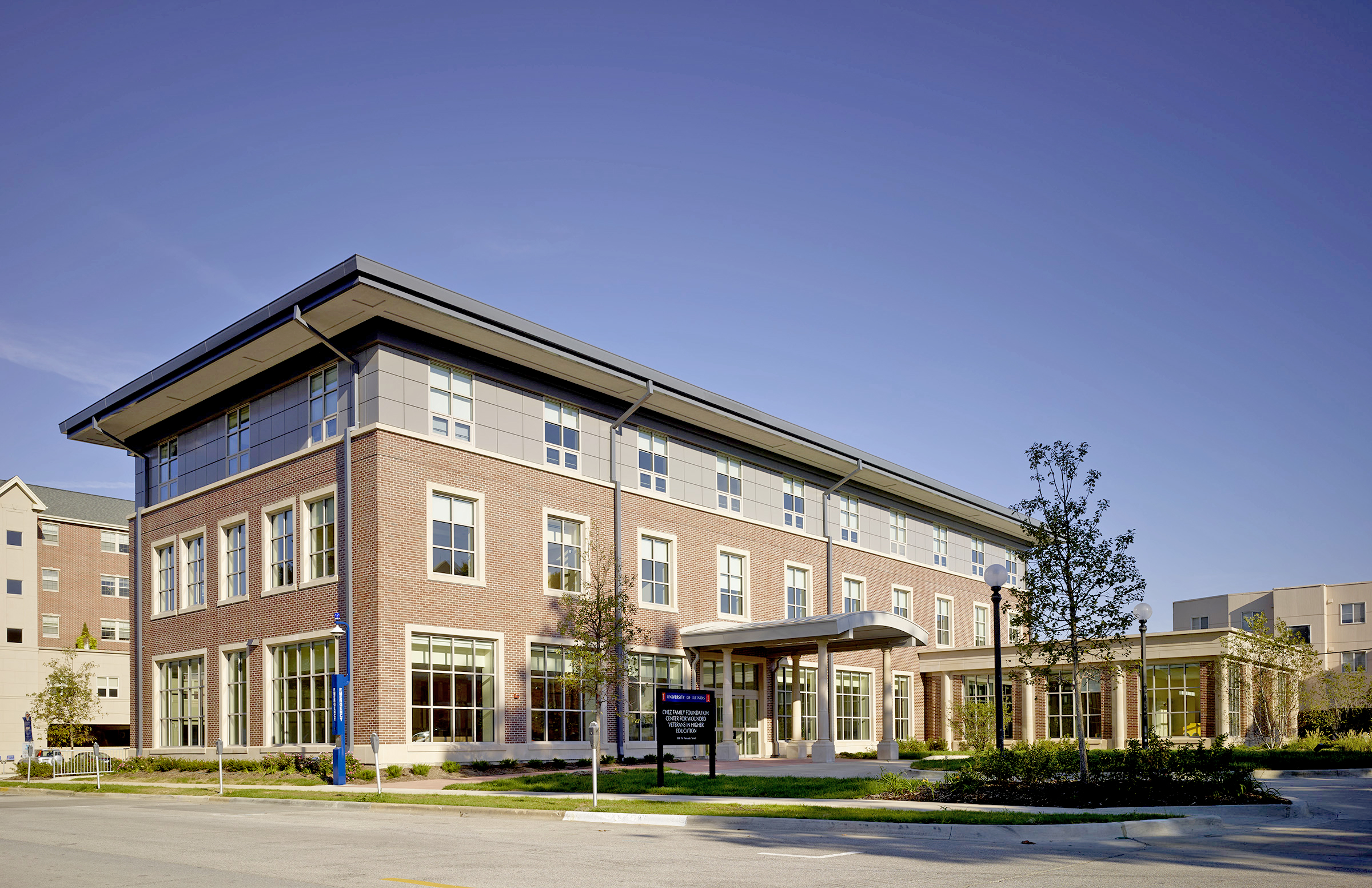 Corner perspective of the exterior of Chez Veteran Center